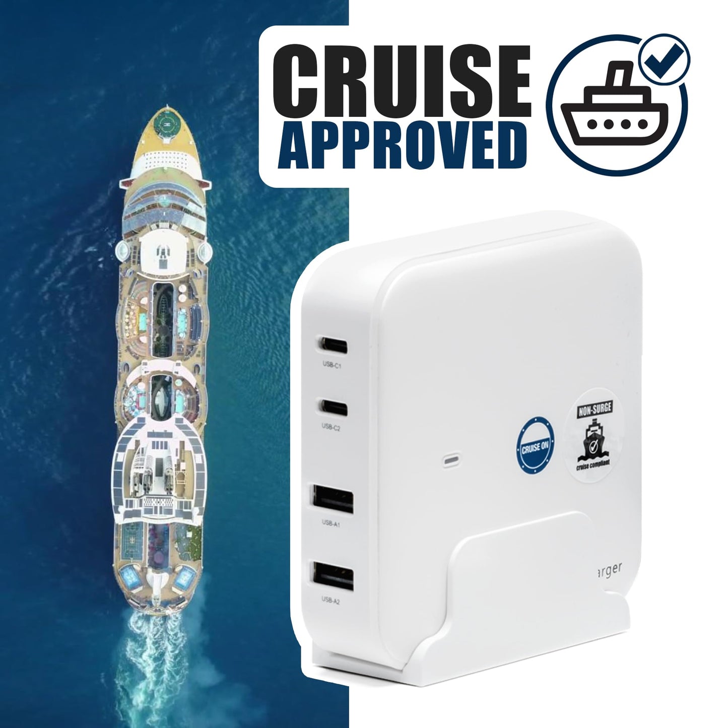 Cruise Approved Power Strip (incl Royal Caribbean, Disney, MSC, Celebrity) - Non Surge USB Charger [2 USB, 2 USB-C] 4 Port Charging, 3.8ft Cord