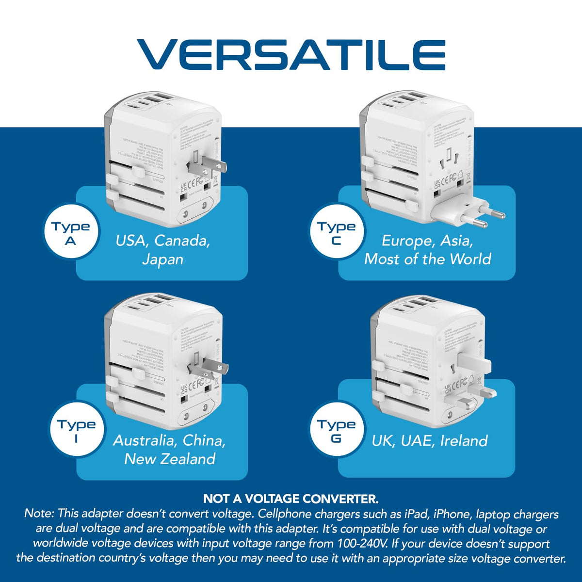 Ceptics 5 in 1 Travel Adapter Worldwide, Universal Socket, 2 USB-A + USB-C