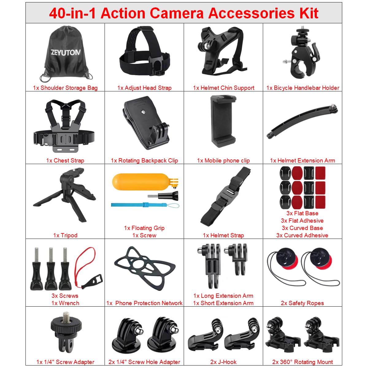 40-in-1 Action Camera Accessories Kit for Gopro Hero 13 12 11 10 9, Chest Head Chin Strap Mount for DJI OSMO Action 6 5 PRO 4 3 2, Tripod Adapter