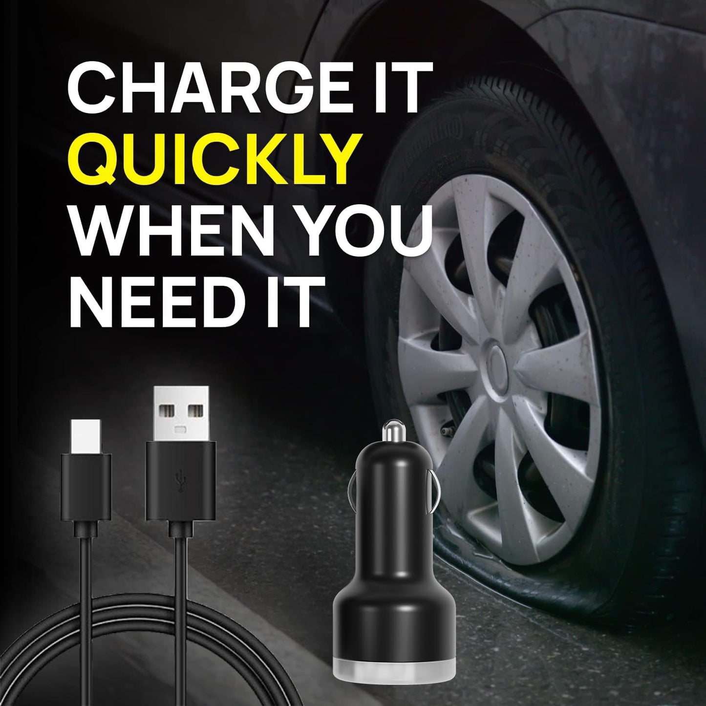 Airmoto Power Kit - Car Charger and Home Charger for Airmoto Tire Inflator Portable Air Compressor - Fast Charging with 3ft Lightning Cable