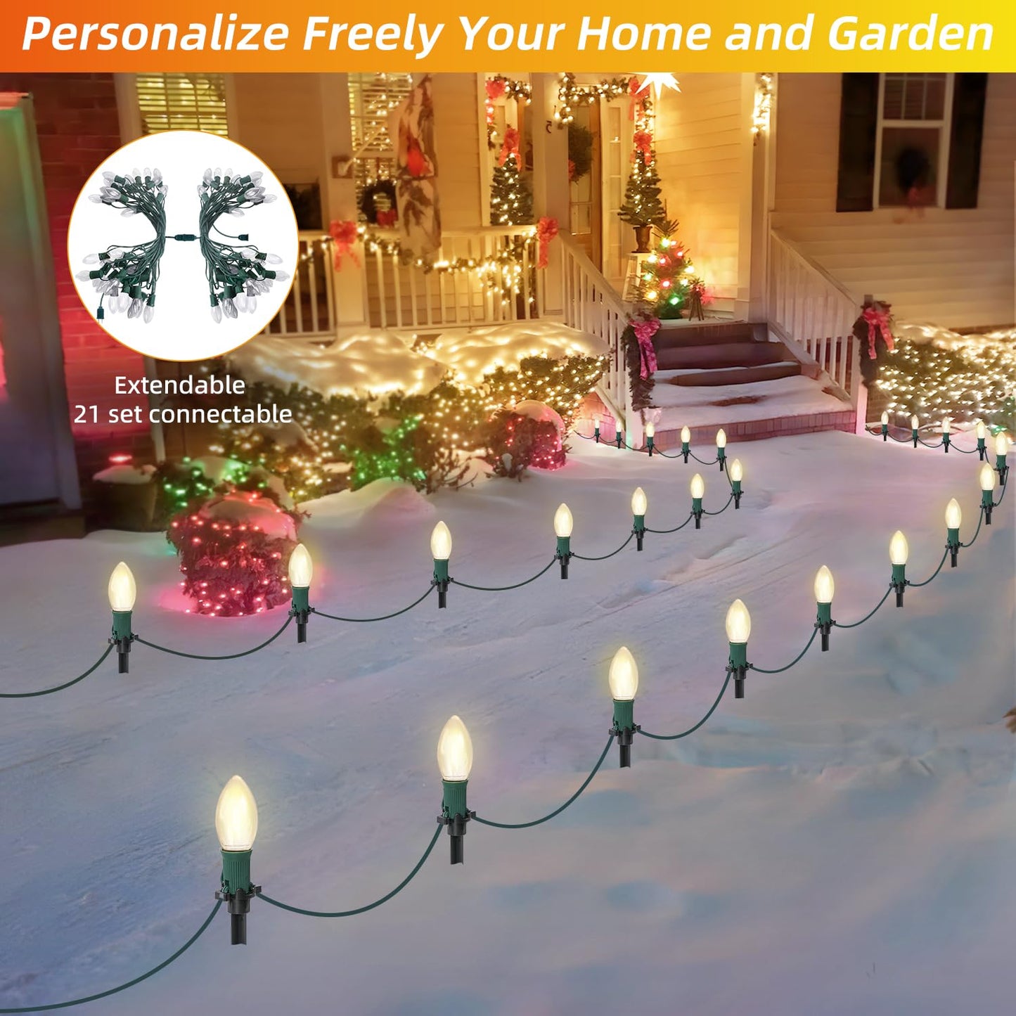 USOKYO 45Ft C9 Led Christmas Pathway Lights Outdoor, 30 Warm White Bulbs Waterproof Connectable Christmas Walkway Lights for Driveway, Yard, Lawn