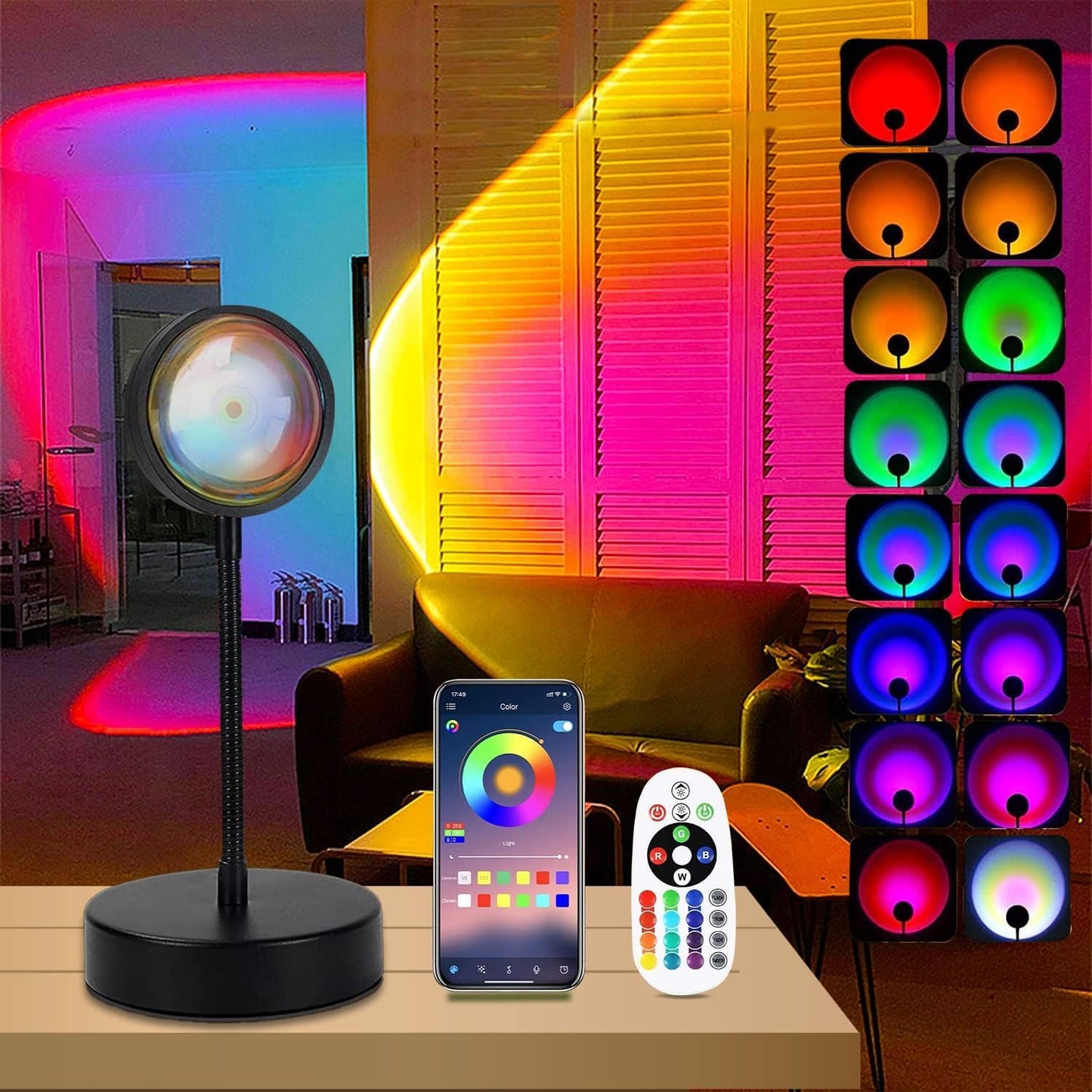 QUIGO Sunset Lamp Projector Led Lights for Bedroom Night Light RGB Lights Sun Sunlight Sunrise Lamp 10w 360 Rotation Rainbow Projection Room Decor