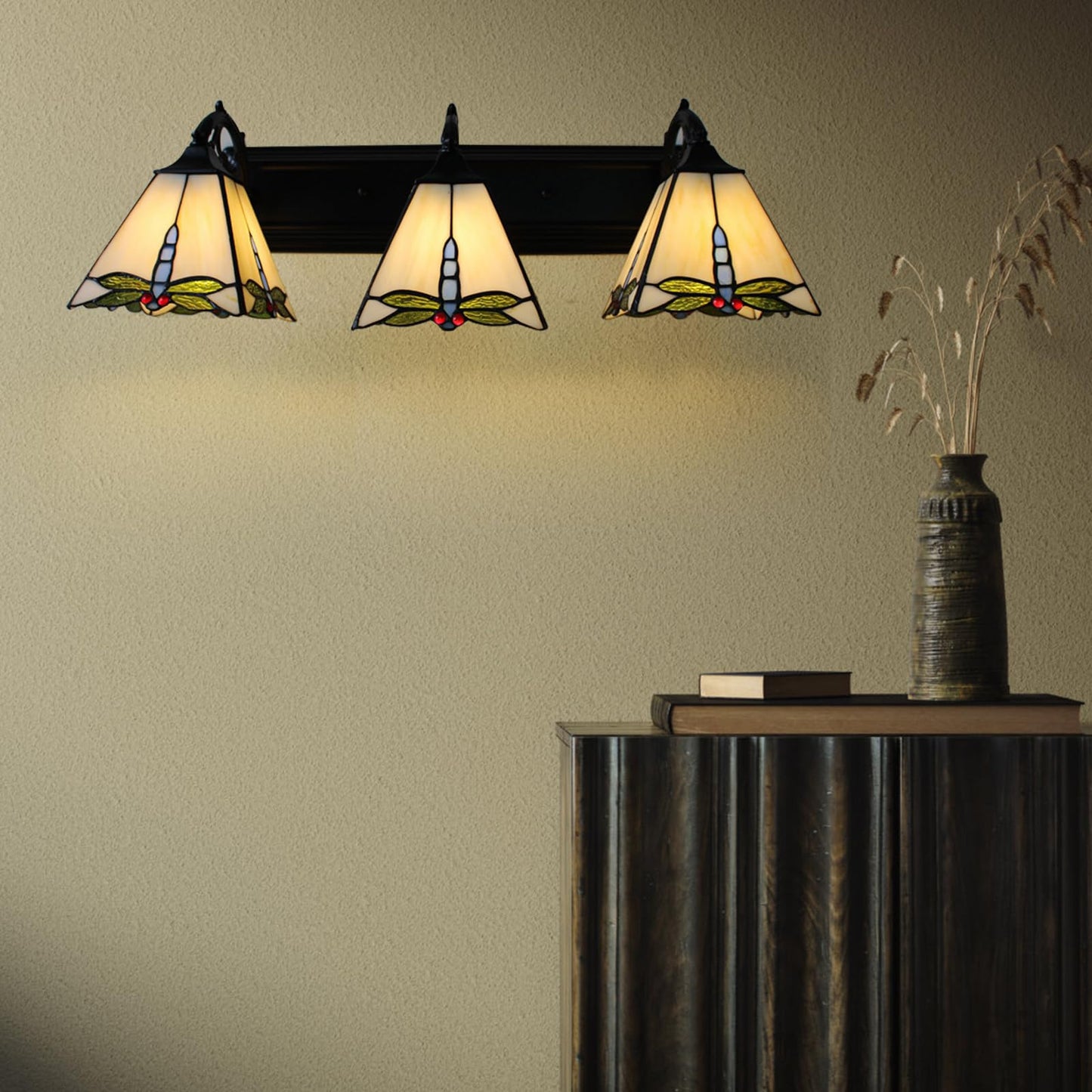 WUPYI Tiffany Style Wall Sconces 3 Lights,Vintage Stained Glass Wall Lamp for Bedroom Living Room Bathroom Hallway,Wall Mounted Vanity Light Indoor