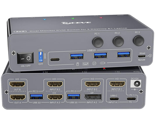 KCEVE KVM Switch 2 Monitors 3 Computers USB C HDMI DP, EDID, USB 3.0 KVM Switch Dual Monitor HDMI for 1 Laptops 2 Desktop, 73W PD, 4K@60Hz, Aluminum