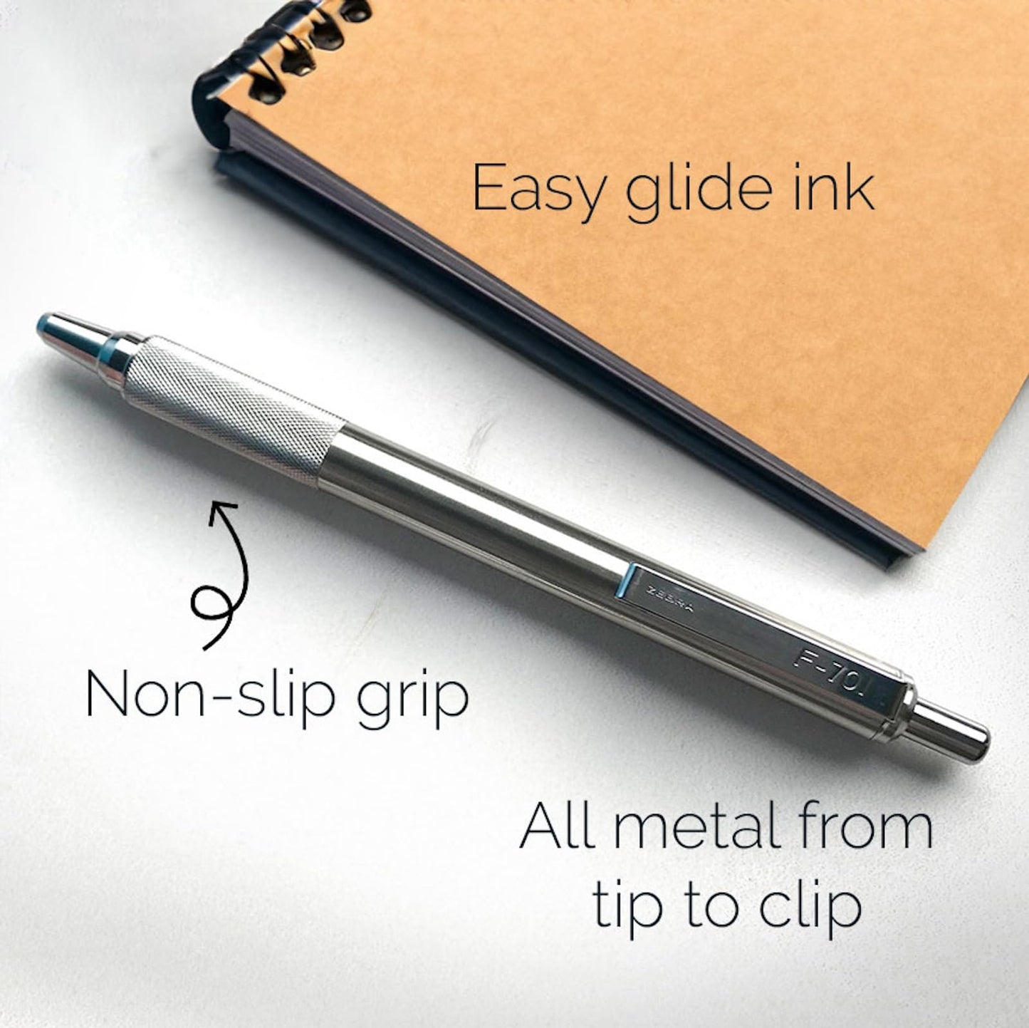 Zebra Pen F-701 Ballpoint Black Ink Fine Point 0.8mm Pen, Heavy Duty, Durable Stainless Steel Barrel, Knurled Grip, Silent Retractable Plunger, Ideal