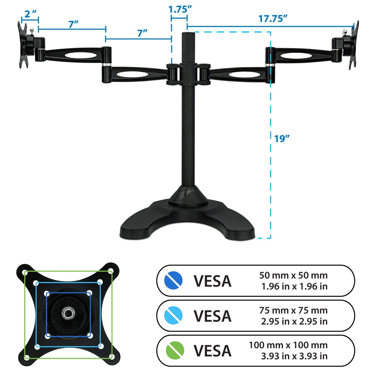 Mount-It! Dual Monitor Stand for Desk, Adjustable Monitor Stand for 2 Screens up to 27", 22 lbs Each, VESA 75x75 100x100, Full Motion Arms, Free
