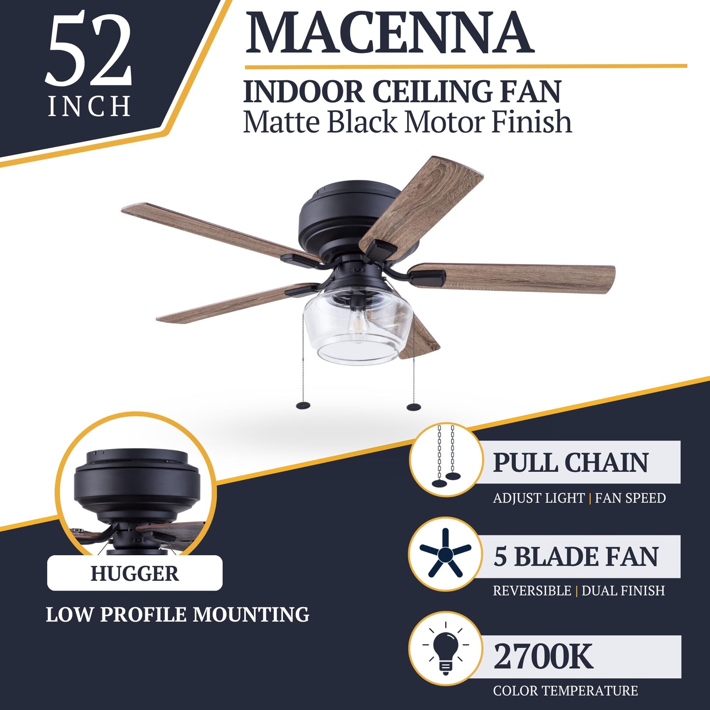 Prominence Home MaCenna, 52 Inch Traditional Farmhouse Indoor Flush Mount LED Ceiling Fan with Clear Glass Light, Pull Chain, 5 Reversible Dual-Finish