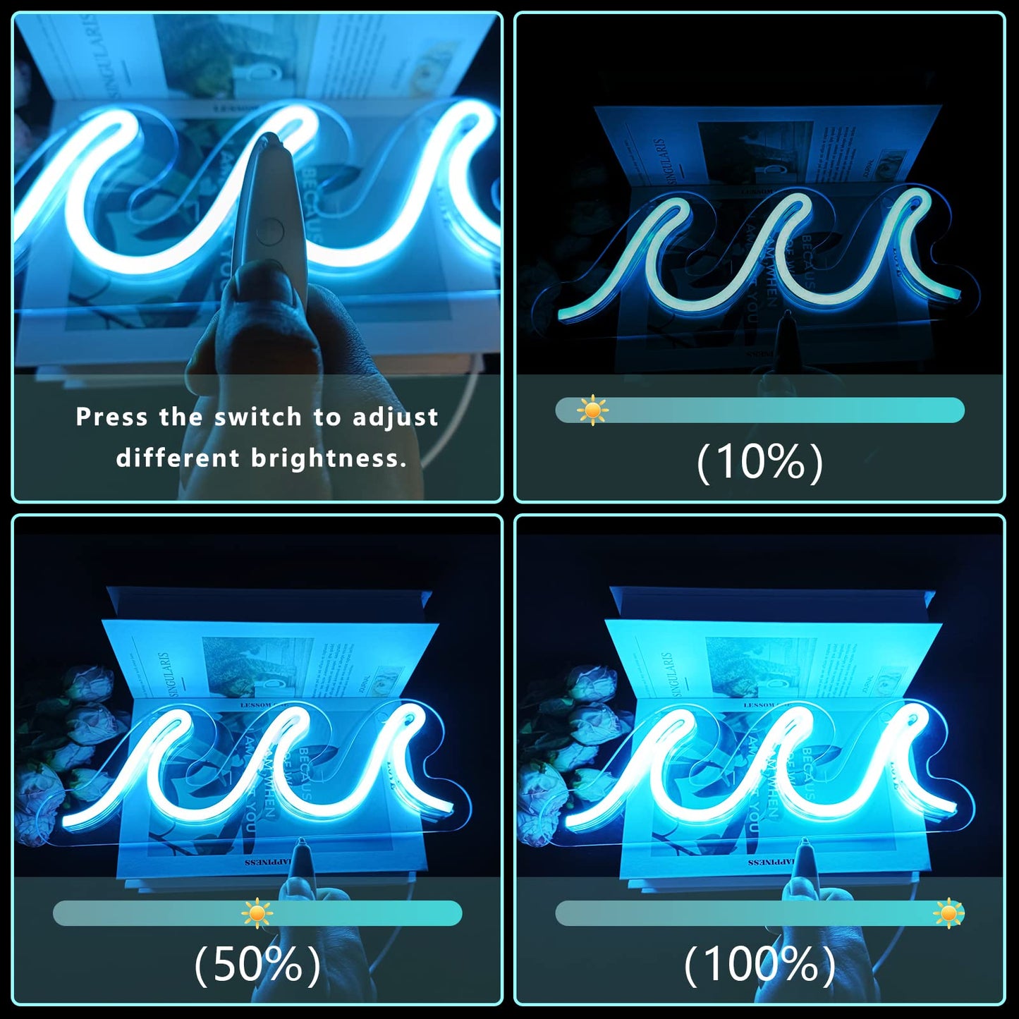 Wave Neon Signs for Bedroom, Ice Blue LED Neon Signs for Wall Decor, Night Lights USB Powered with Dimmer & Switch, Tropical Decor for Living Room