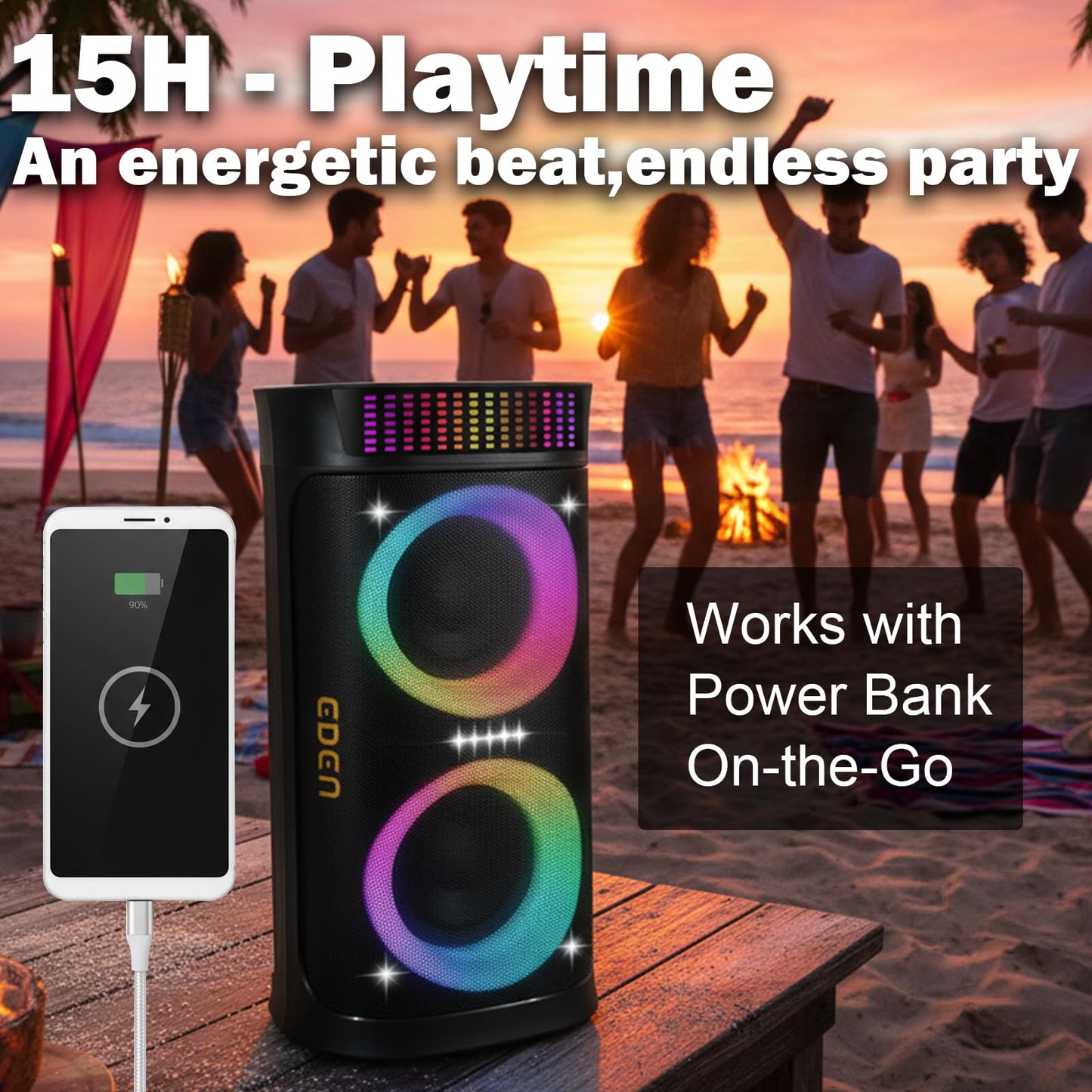 Large Party Speaker with Dual 6.5 Inch Woofers, 200W Peak Powerful Sound, TWS & 6 EQ Modes, Type-C Charging, LED Light Show, Wireless Microphone