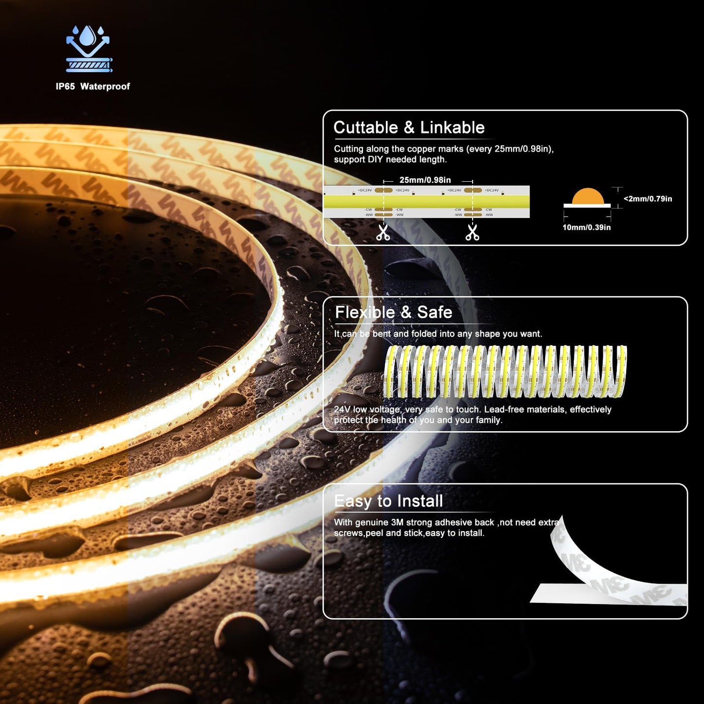 PAUTIX COB LED Strip Light CCT Tunable White IP65 Waterproof,CRI90+ 16.4ft/5m 2700K-6500K Dimmable 24V LED Tape Light,for Under Cabinet Bedroom