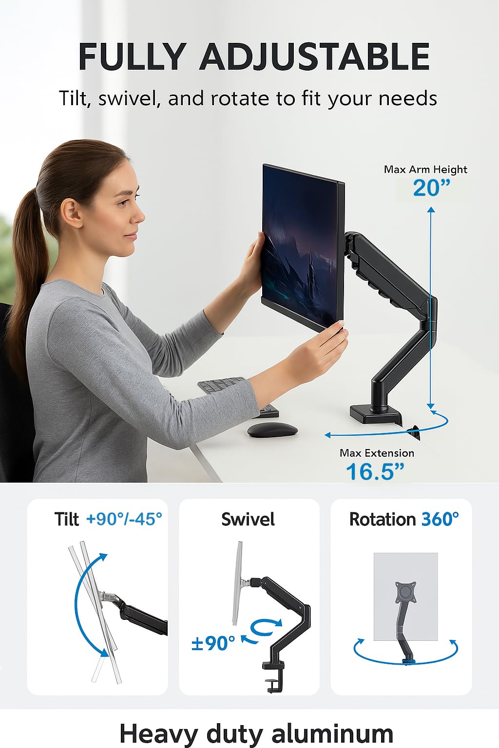ArcadeX Single Monitor Mount, 13 to 32 Inch Gas Monitor Arm, Adjustable Stand, Vesa Mount with Clamp and Grommet Base - Fits 4.4 to 22lbs LED Computer