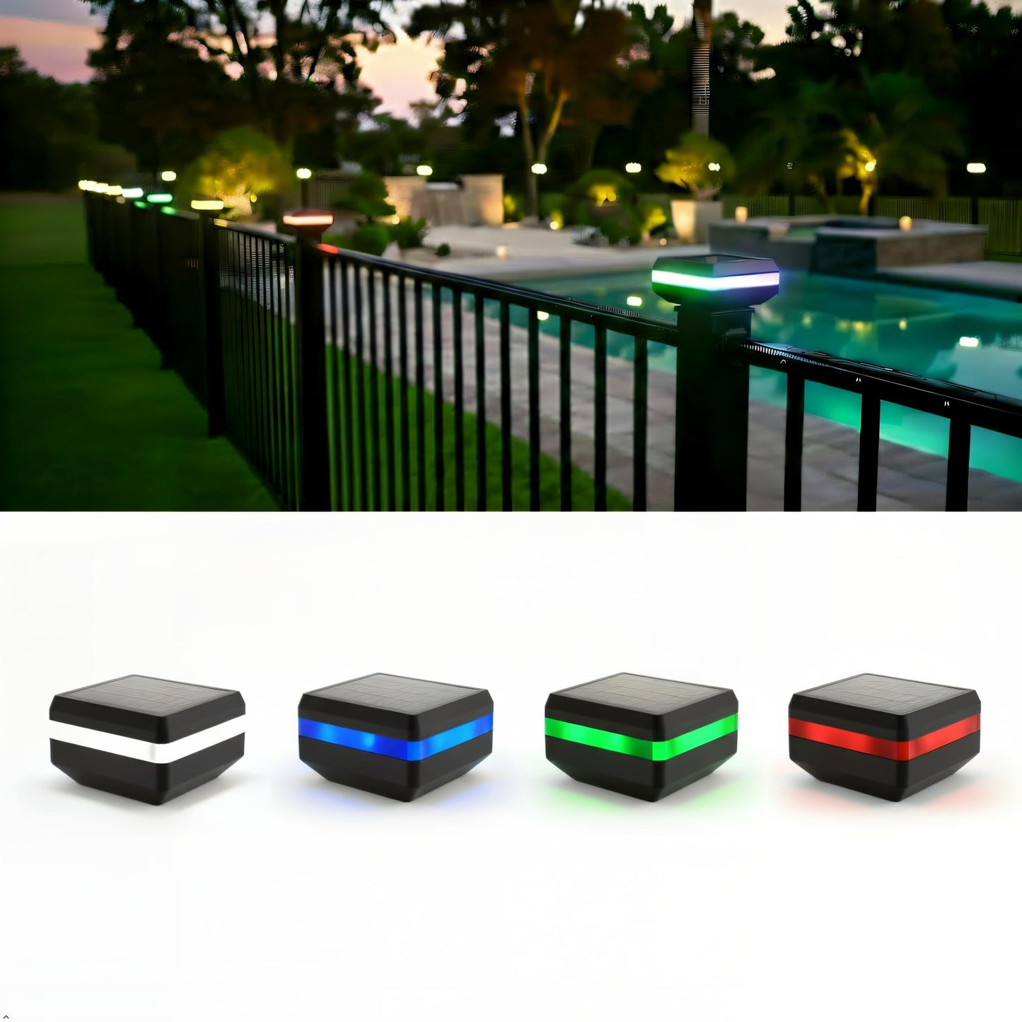 Lunilly 4 Pack Solar Post Cap Lights for 2x2 Inch Aluminum, Wrought Iron, and Garden/Pool Fences, Warm White, Cool White, and Selectable RGB Colors