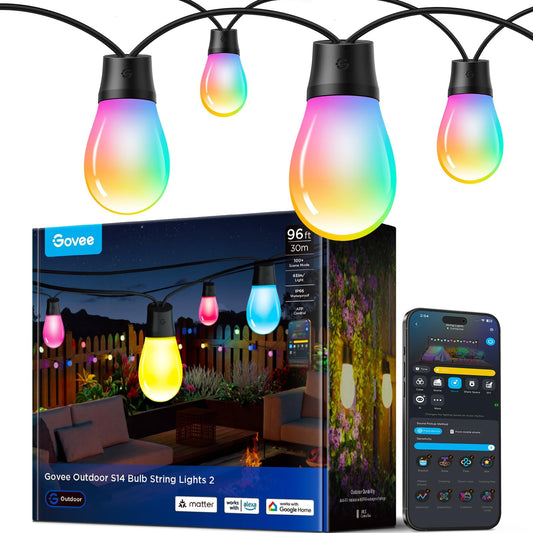 Govee S14 Bulb Outdoor String Lights 2, 96ft Smart RGBIC Warm White Lights with 30 LED Bulbs(2 Ropes of 48ft), 111 Scene Modes for Patio Decor, IP66