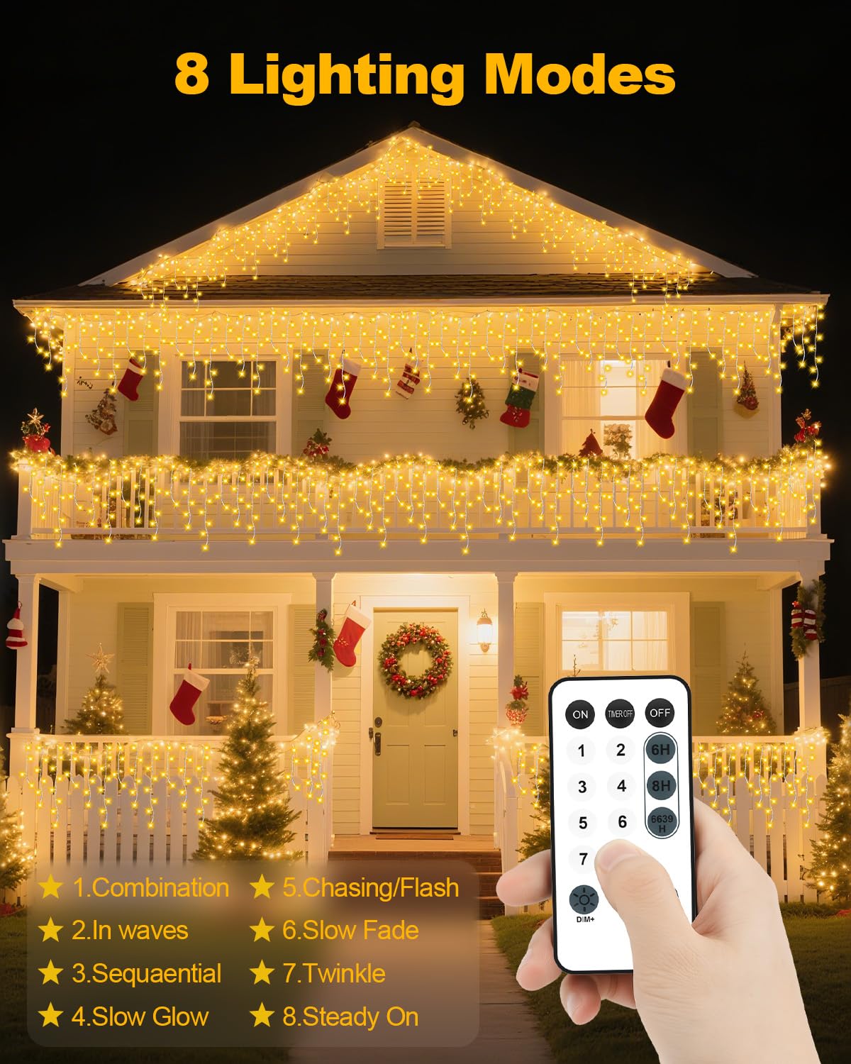 Vynoblip Ice Light Outdoor, Decorations Lights Yellow 33FT 306 LED 8 Modes Plug in Twinkle Fairy Light String with Remote Timer Memory for Roofline
