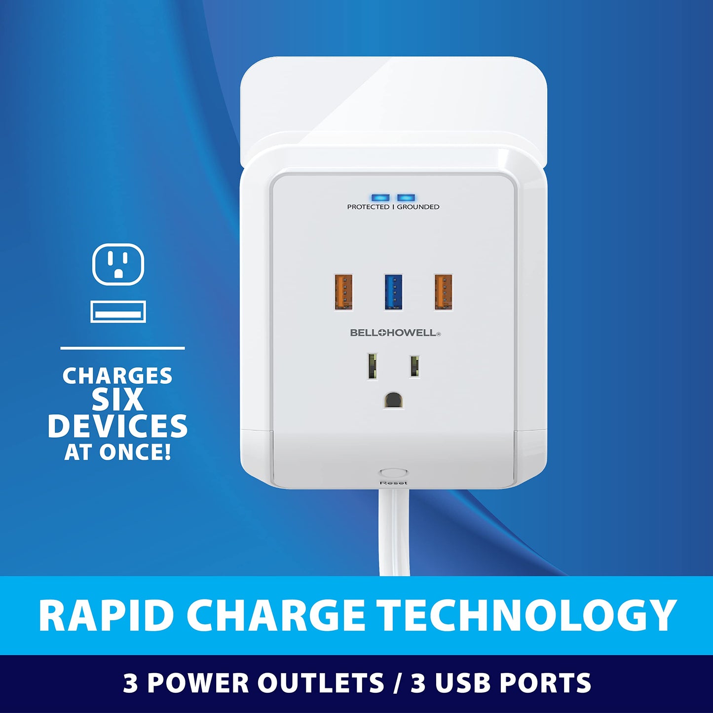 Power Pro Outlet Extender with 45” Cord - Easy-Install Power Strip Electric Surge Protector, USB Wall Charger, 3 Power Outlets, Docking Station