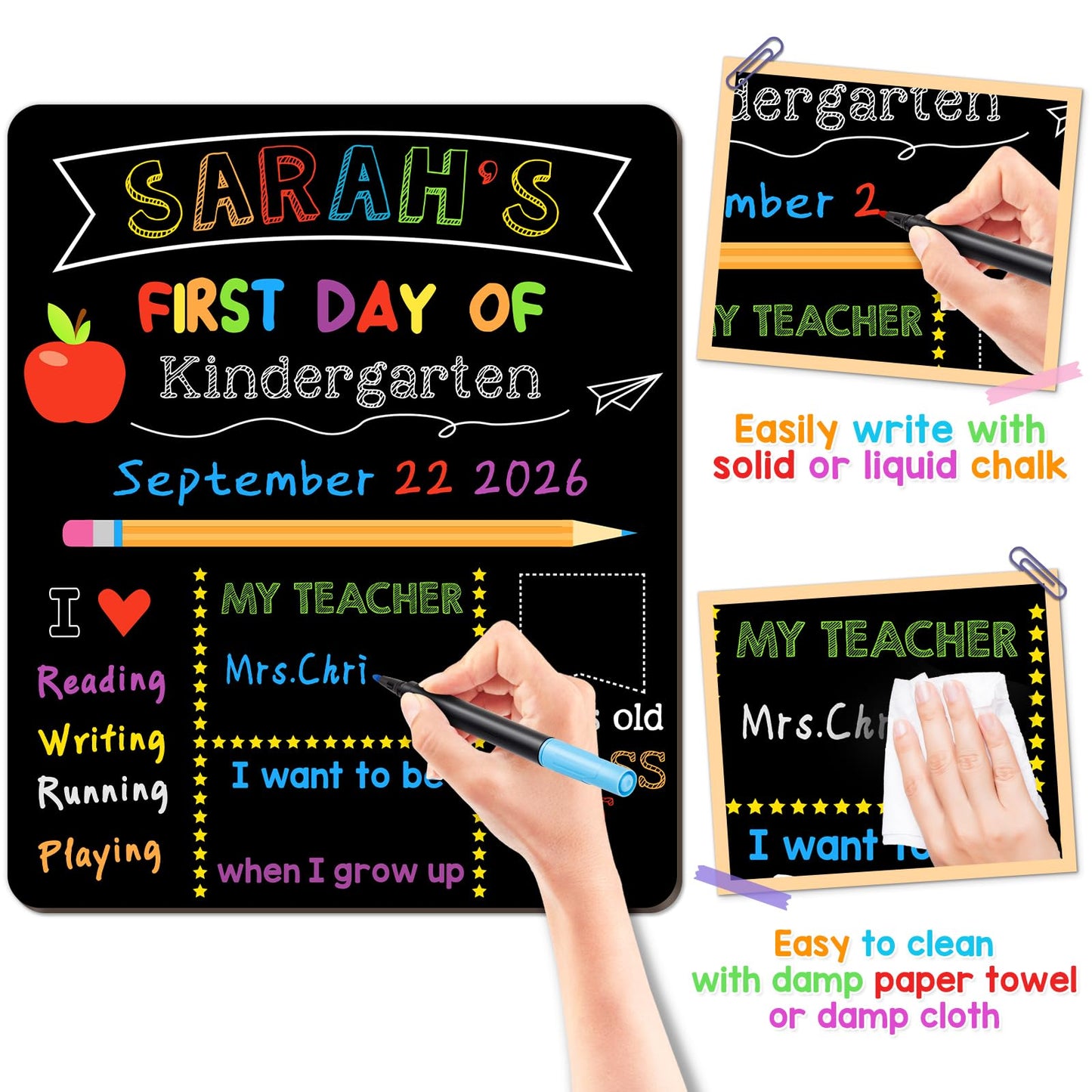 First & Last Day of School Signs with 6 Writing Pens, 10 x 12 Inch Double Sided Back to School Board, Reusable Wooden 1st Day