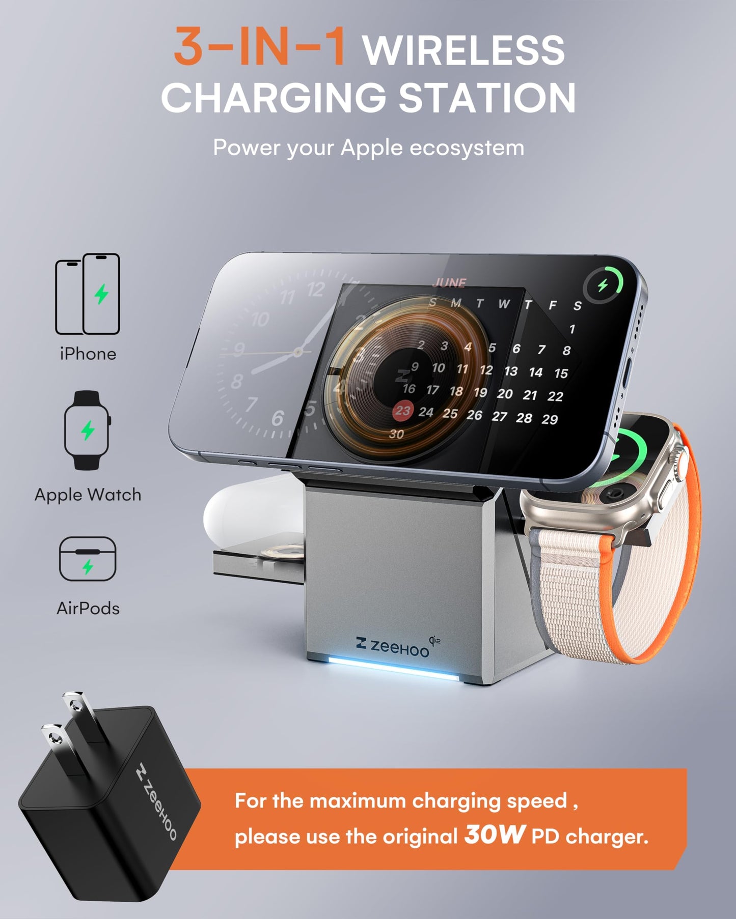 ZEEHOO 3 in 1 Charging Station for Apple, Mag-Safe for iPhone Charger, Qi2 Certified Rotating Wireless Charger Stand for iPhone 17,16,15,14,13,12