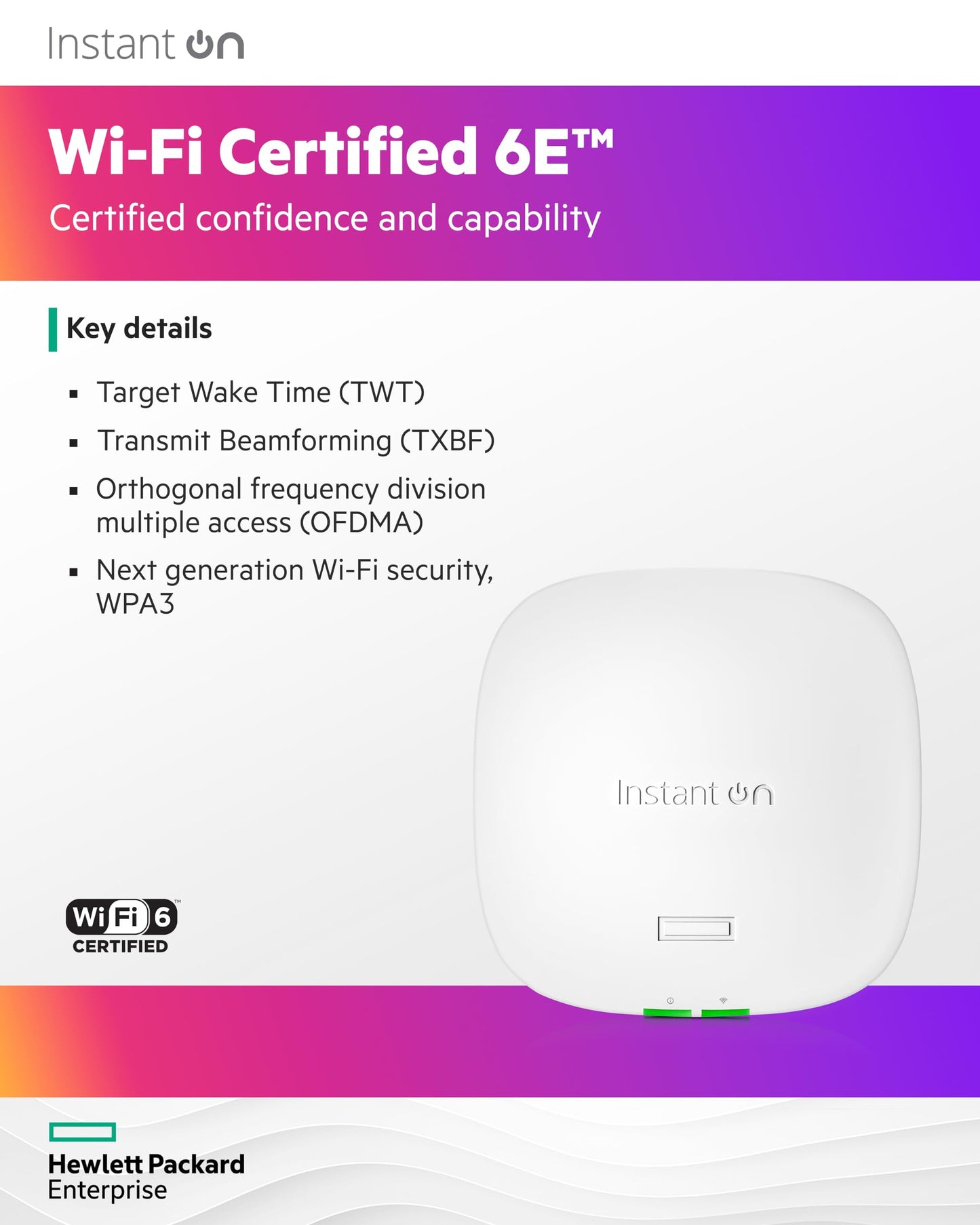HPE Networking Instant On Access Point AP32 2x2 WiFi 6E Indoor Wireless Access Point | Secure, Tri-Band, Future Ready | Power Source Not Included | US