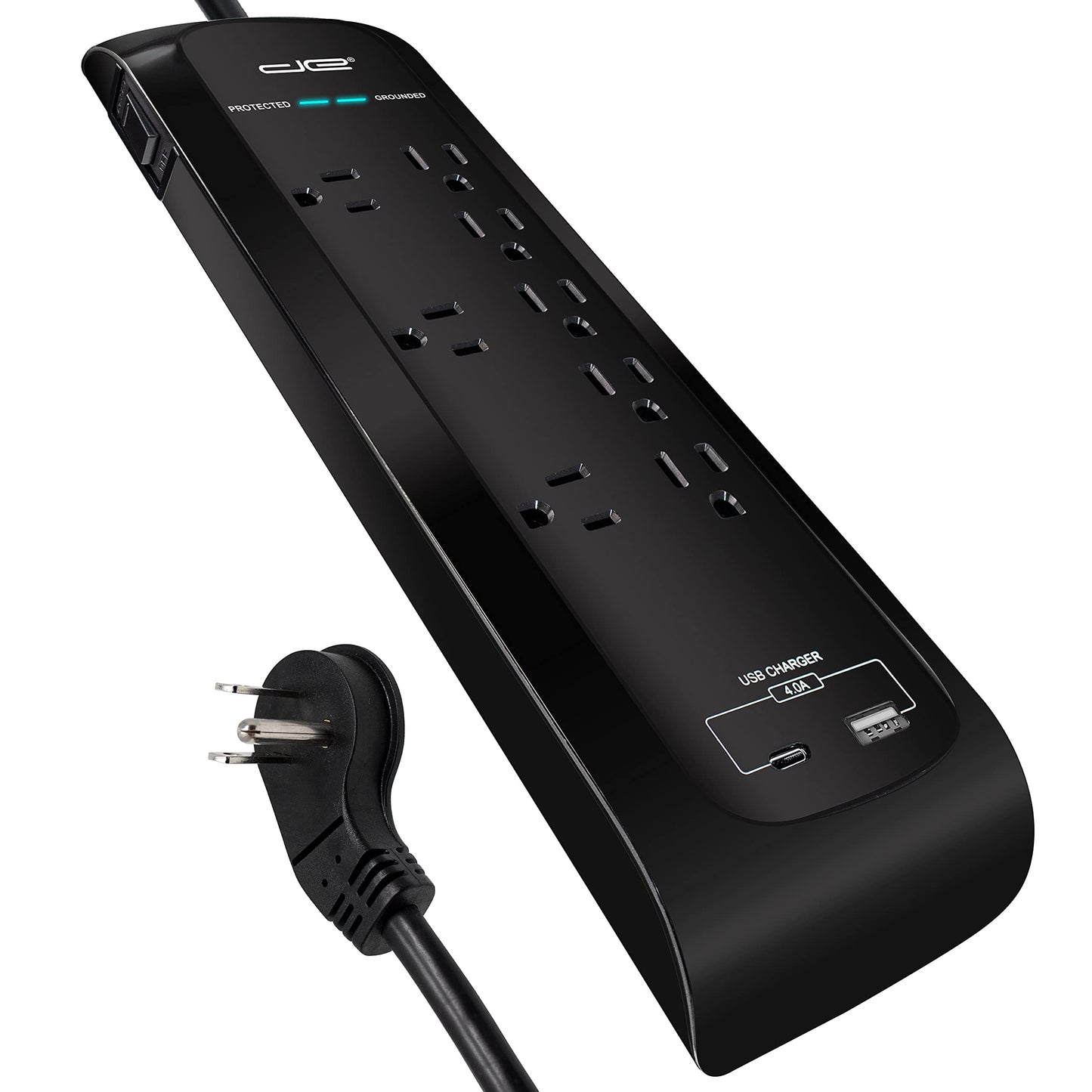 Digital Energy USB-C and USB-A 8 Outlet 8 Outlet 4200 Joules Surge Protector Power Strip, 3 Wide Spaced Outlets, 6 Foot 14/3 AWG Cord, Black