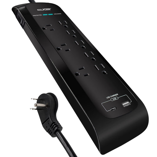 Digital Energy USB-C and USB-A 8 Outlet 8 Outlet 4200 Joules Surge Protector Power Strip, 3 Wide Spaced Outlets, 6 Foot 14/3 AWG Cord, Black