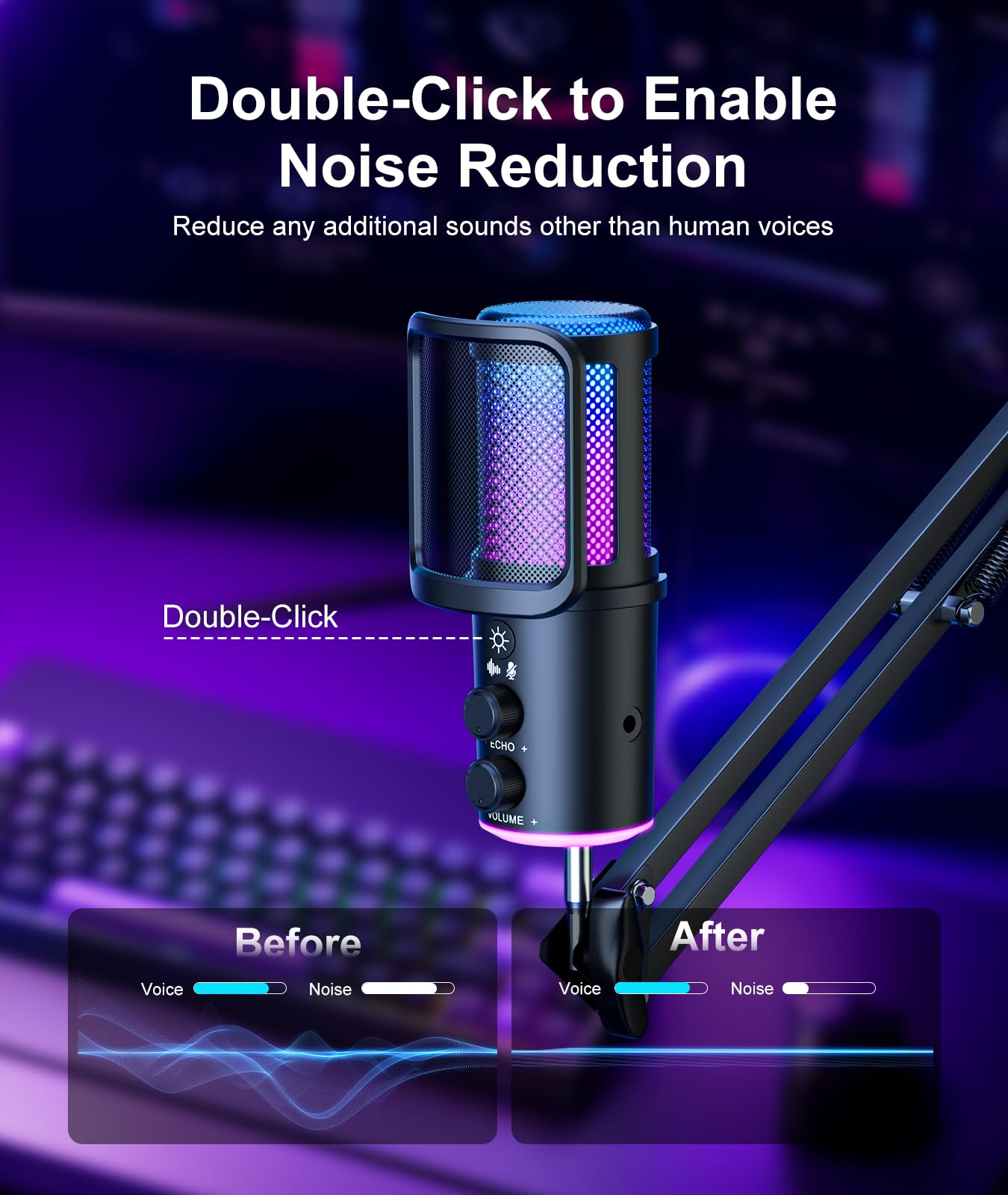 Gaming USB Microphone, Noise Cancellation Condenser Mic with Mute,Boom Arm Mic-Reverb Adjustment, Monitoring for Streaming, Podcasting, Discord