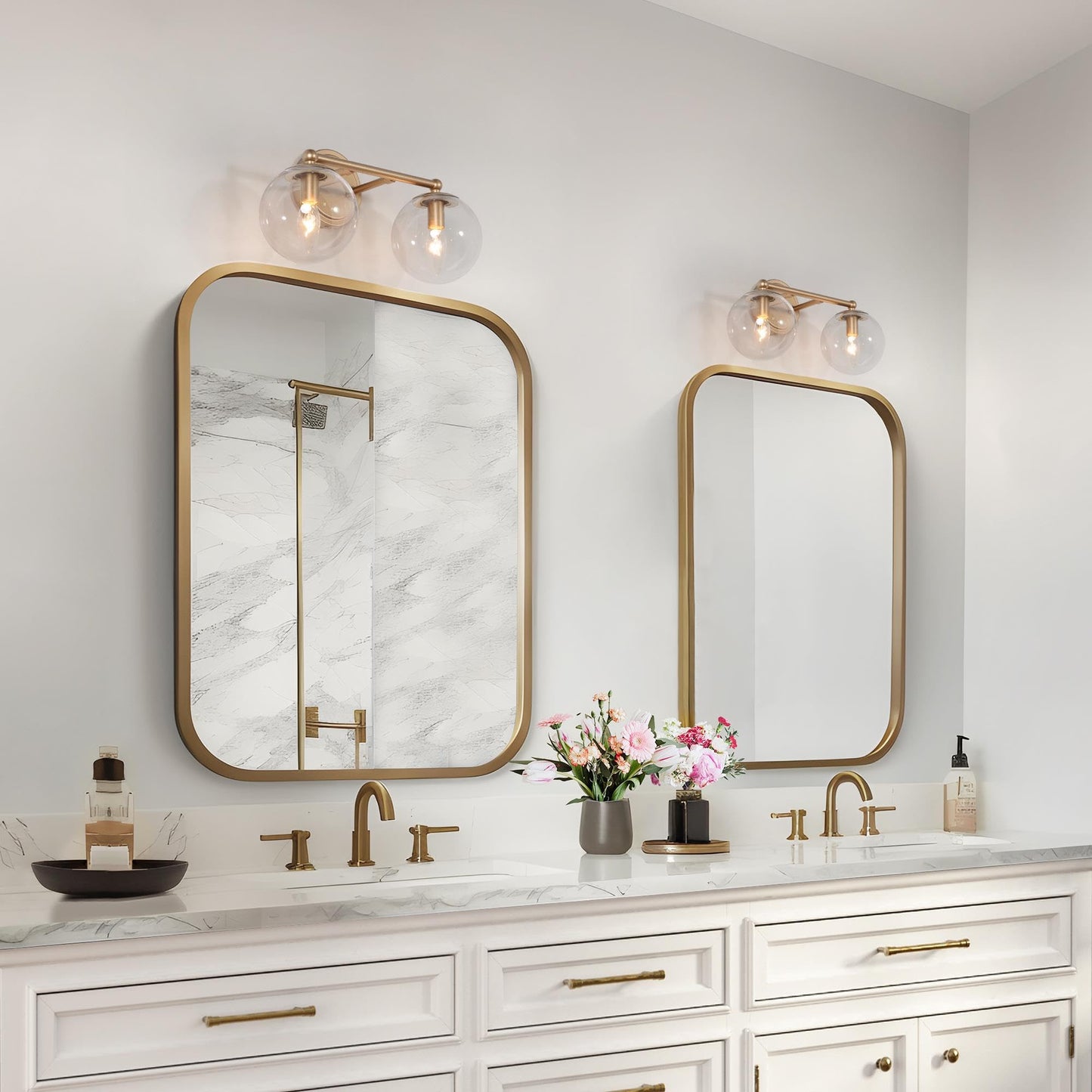 Gold Modern Vanity Lighting with Clear Glass Shade - 2 Light Bathroom Vanity Sconce