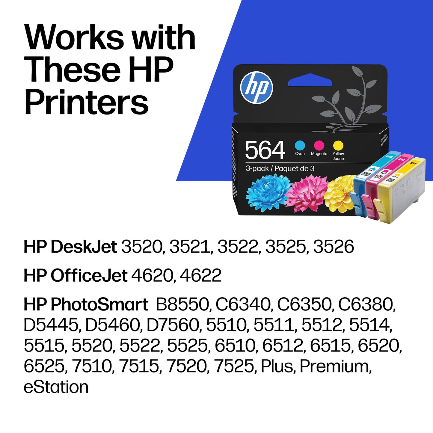 HP 564 Cyan, Magenta, Yellow Ink Cartridges (3-Pack) | Works with DeskJet 3500; OfficeJet 4620; PhotoSmart B8550, C6300, D5400, D7560, 5500, 6510