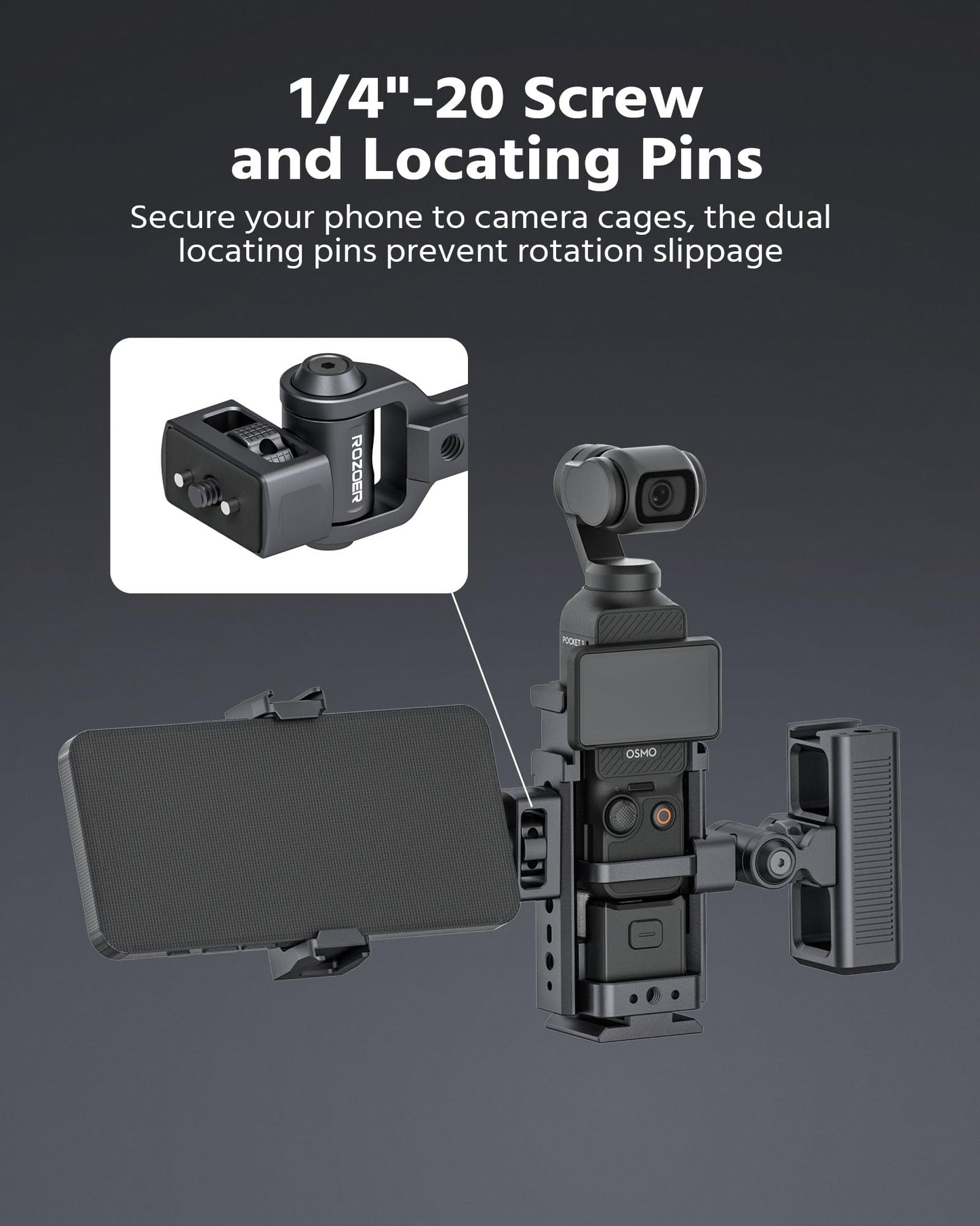 ROZOER 360° Phone Clip Mount with 1/4"-20 Screw & Locating Pins for Arri, Rotatable Phone Holder with 3 Cold Shoes for LED Lights, Mics