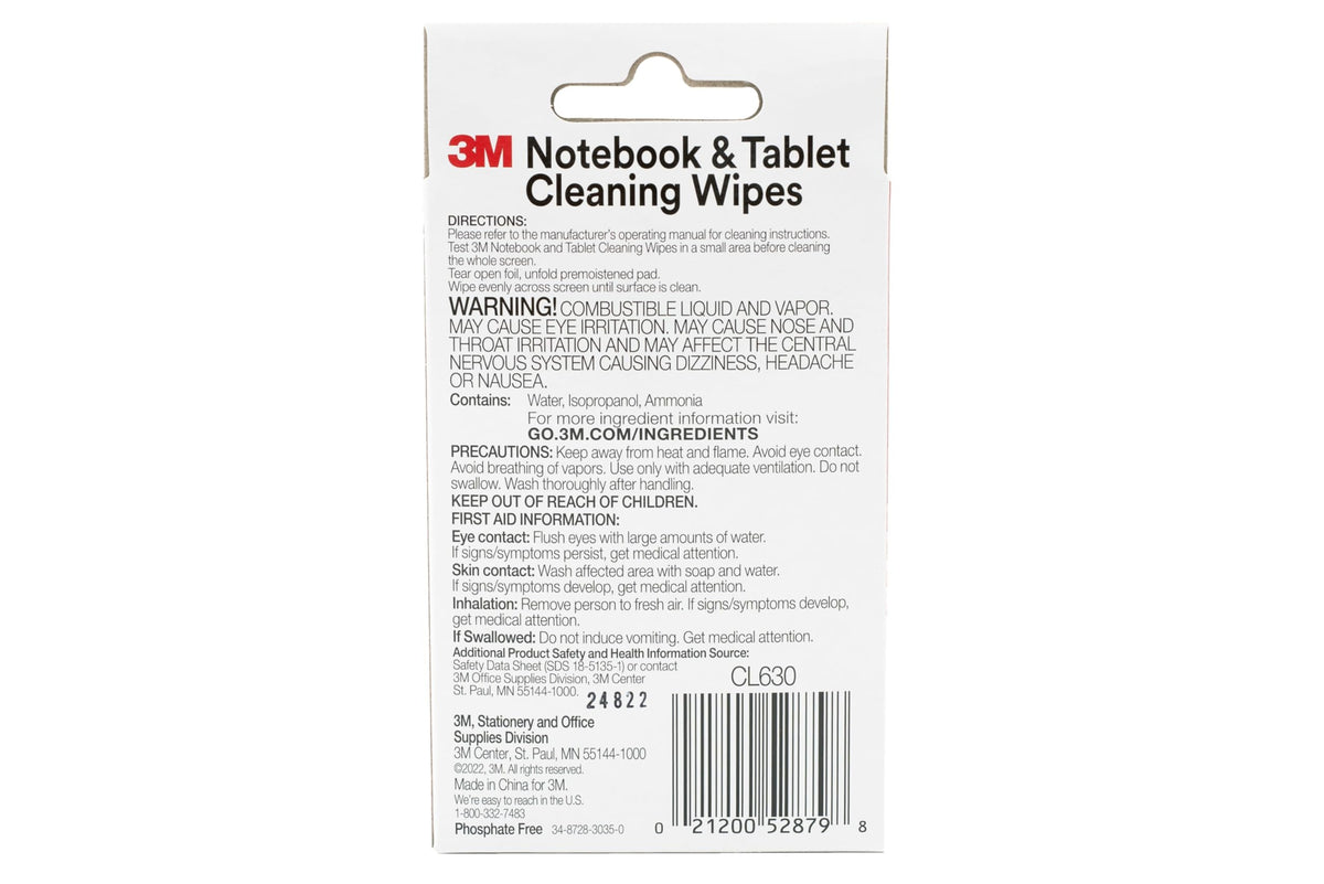 3M Notebook Screen Cleaning Wet Wipes, Cloth, 7 x 4, White, 24/Pack, Sold as 1 Package