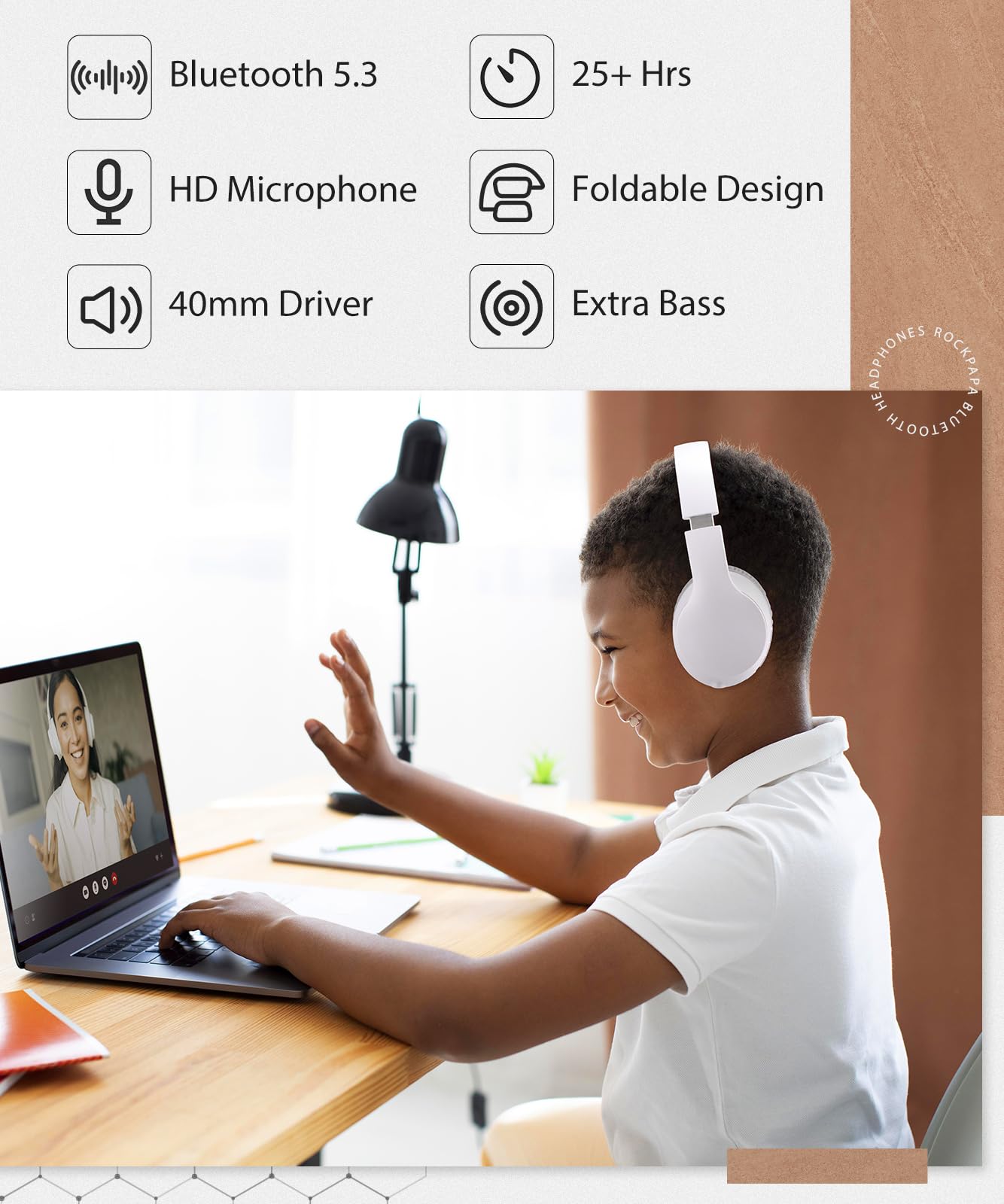 rockpapa E7 Over Ear Wireless Bluetooth Headphones with Mic, Foldable Wired/Wireless Headphones with Microphone for Kids Childrens Boys Girls Teen