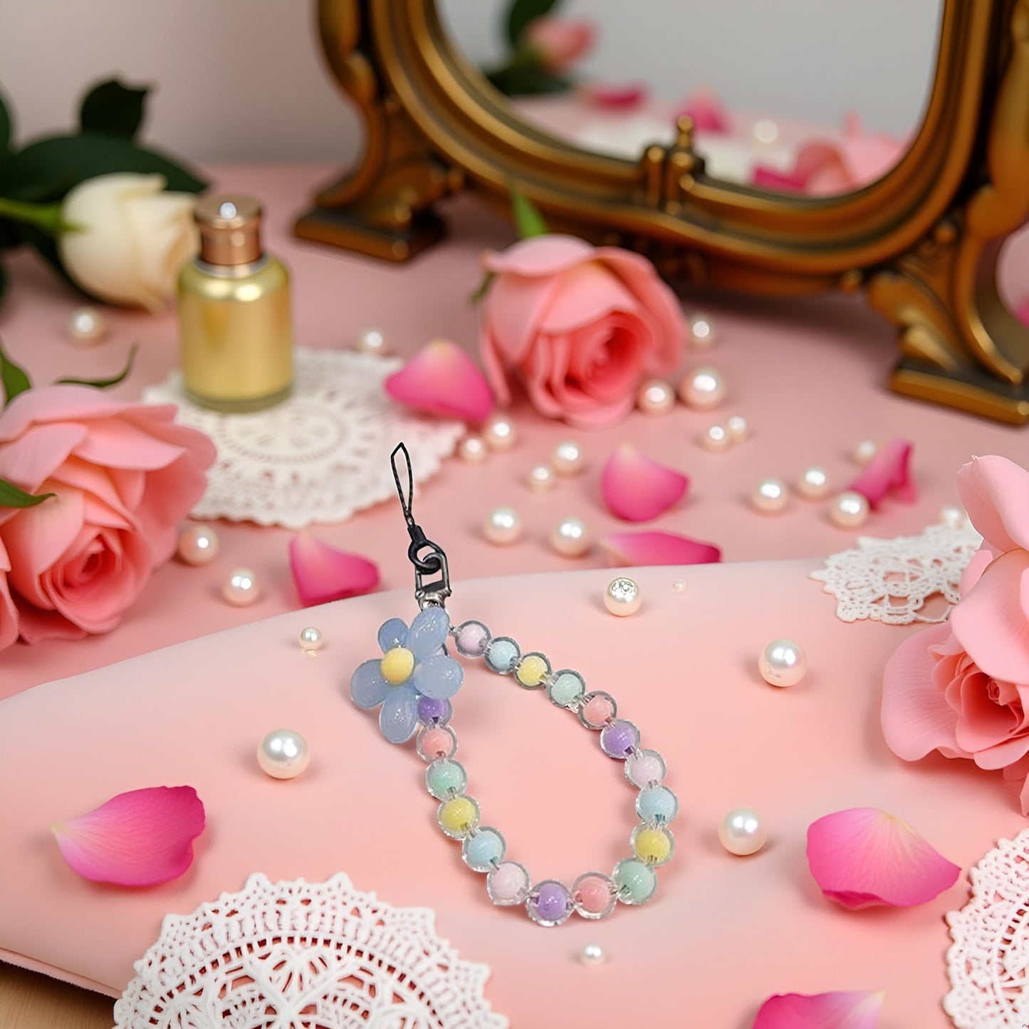 aoukoslt Color Mobile Phone Strap Beaded Flower Bracelet Creative Hanging Rope Keychain Mobile Lanyard Beaded Flower Anti-Lost Phone Case Lanyard Girl
