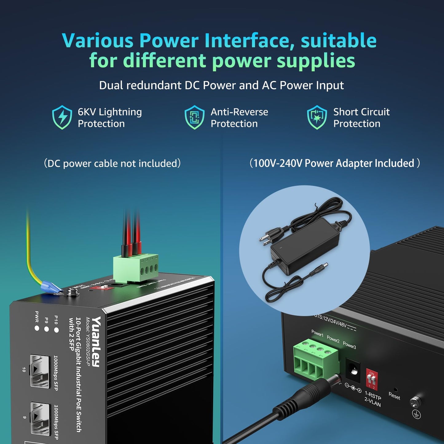 YuanLey 10 Port Industrial Switch with 8 Port PoE Gigabit & 2X SFP Port, Unmanaged PoE Switch with 120W Power Adapter, IEEE802.3af/at, VLAN & RSTP