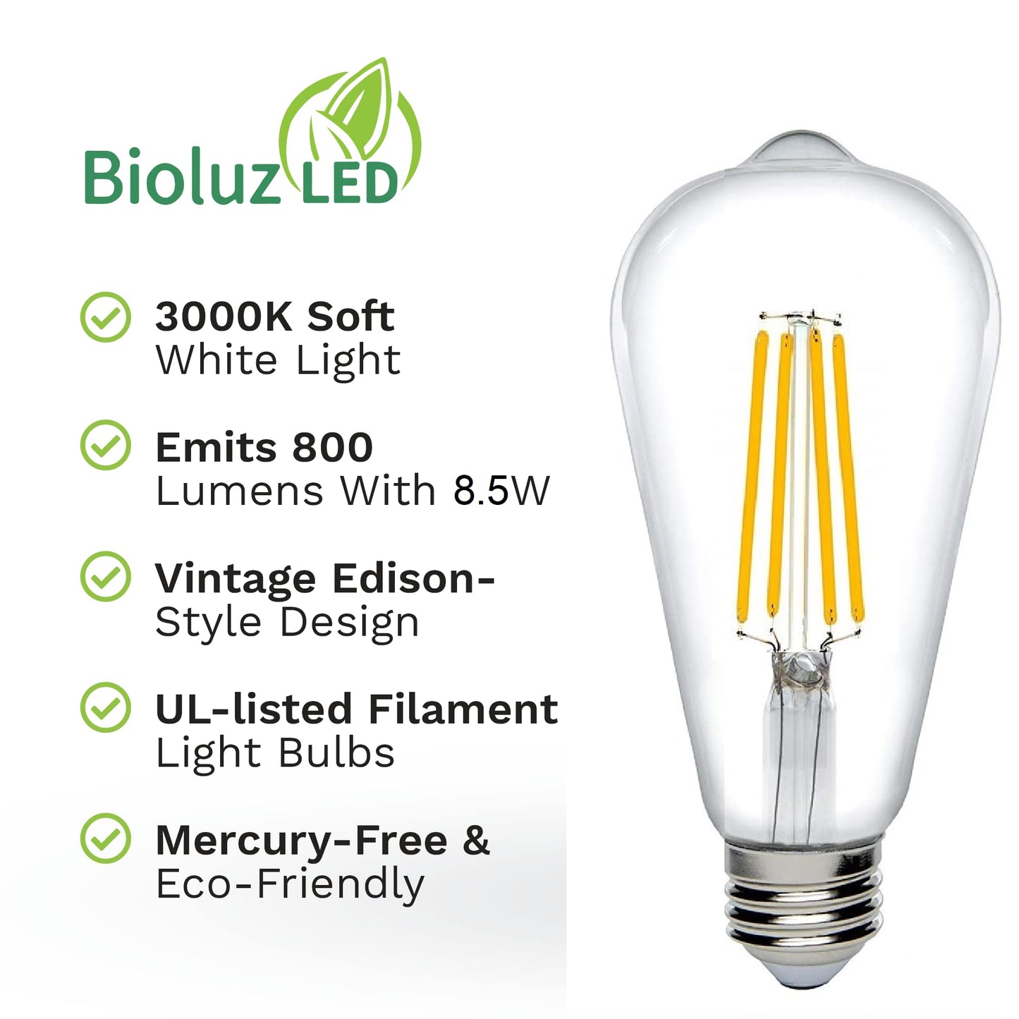 Bioluz Dimmable Edison Light Bulbs - 800 Lumen Soft White 3000K LED Replacement for Incandescent Light Bulbs - 6-Pack Vintage Soft White Light Bulbs