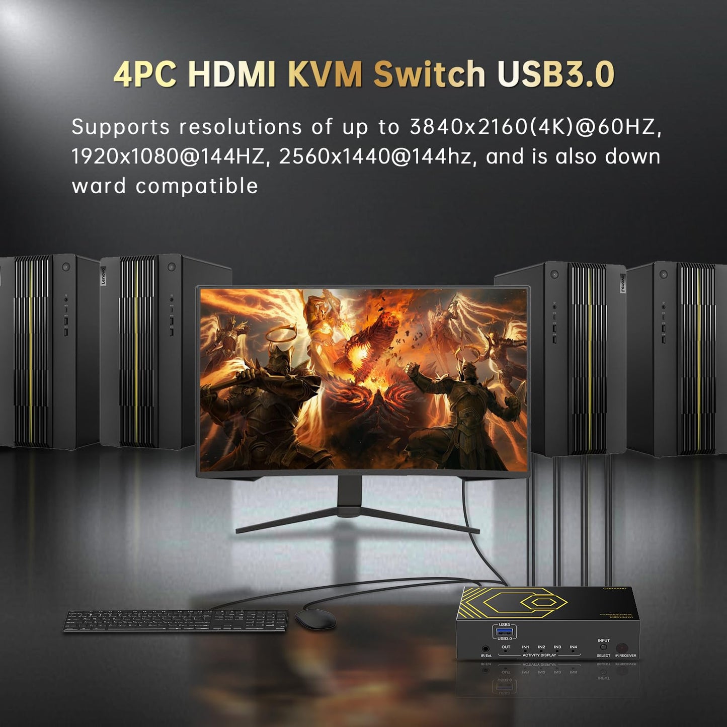4K@60Hz HDMI KVM Switch USB3.0 4 Computers 1 Monitors HDMI 4 Port KVM Switches for 4 PC Share 1 Monitor and 4 USB 3.0 Devices SPDIF L/R Mic Audio