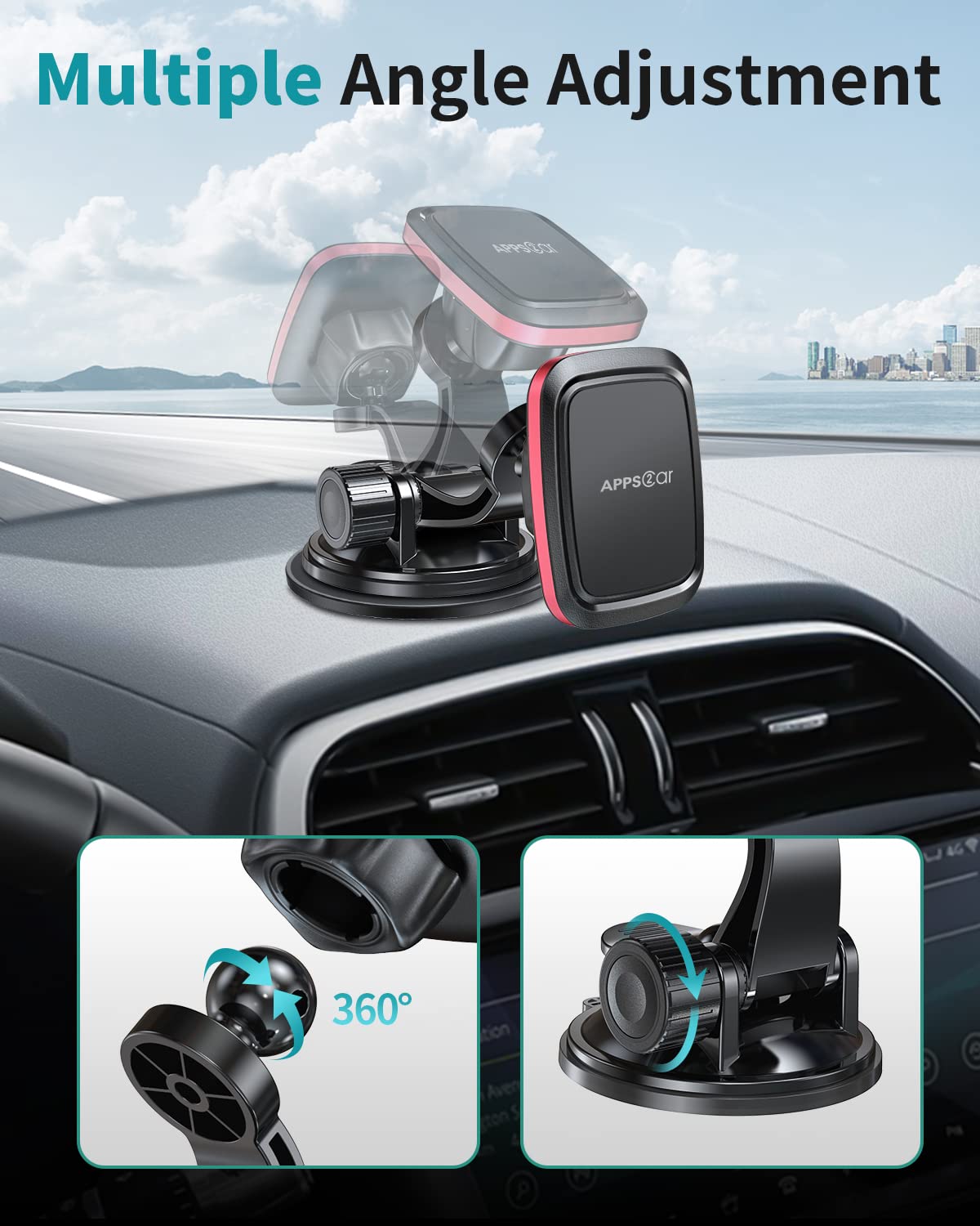 APPS2Car Magnetic Car Phone Mount with Adjustable Arm & 6 Strong Magnets Universal Dashboard Windshield Cell Phone Holder Compatible with All