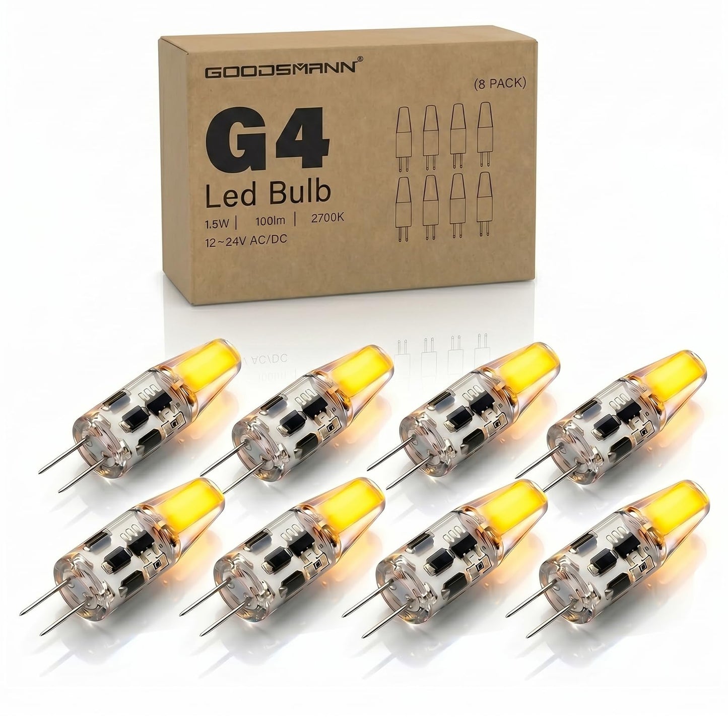 GOODSMANN G4 LED Bulbs 8 Pack, 12V-24V AC/DC Low Voltage Landscape Light Bulbs, 1.5W 100 Lumens 2700K Warm White, T3 Shape G4 Bi-Pin Base, Halogen