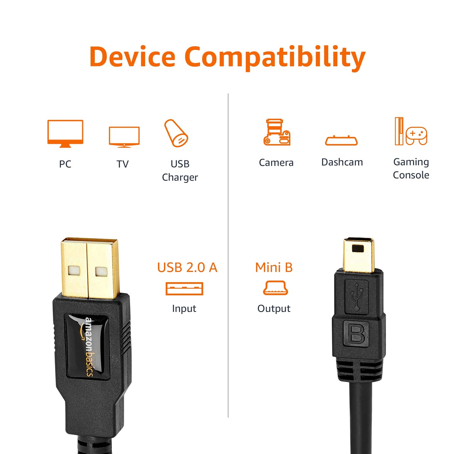 Amazon Basics USB-A to Mini USB 2.0 Cable, 480Mbps Transfer Speed with Gold-Plated Plugs, 3 Foot, Black