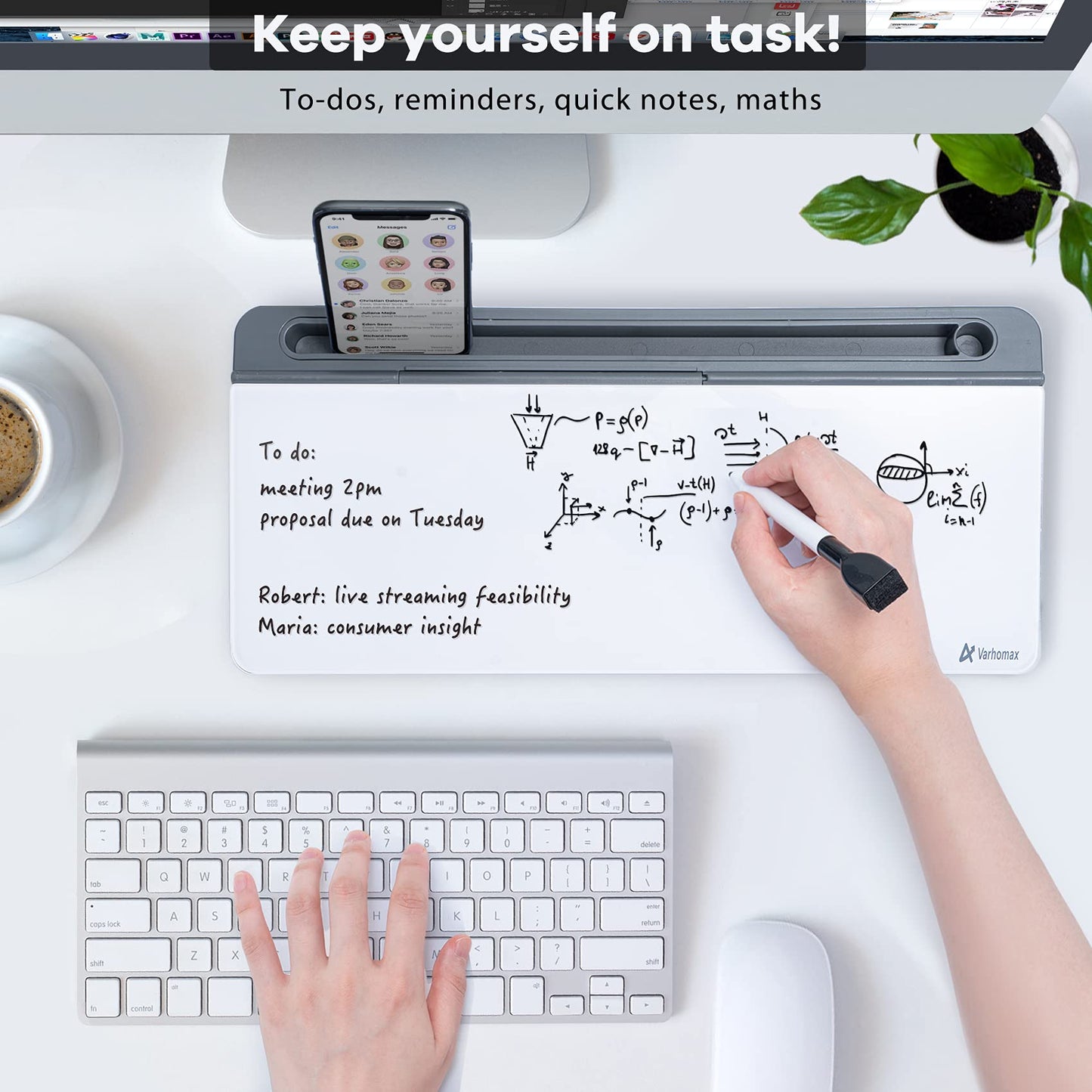 Varhomax Glass Desk Whiteboard with Storage, Desk Buddy to-do List Memo Desktop Dry Erase White Board Keyboard Stand for Home Office and School