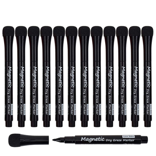 LivDeal Magnetic Dry Erase Markers - Fine Tip, Black Color, 12 Pack, Low Odor Whiteboard Markers for Kids & School, Work On White board & Calendar