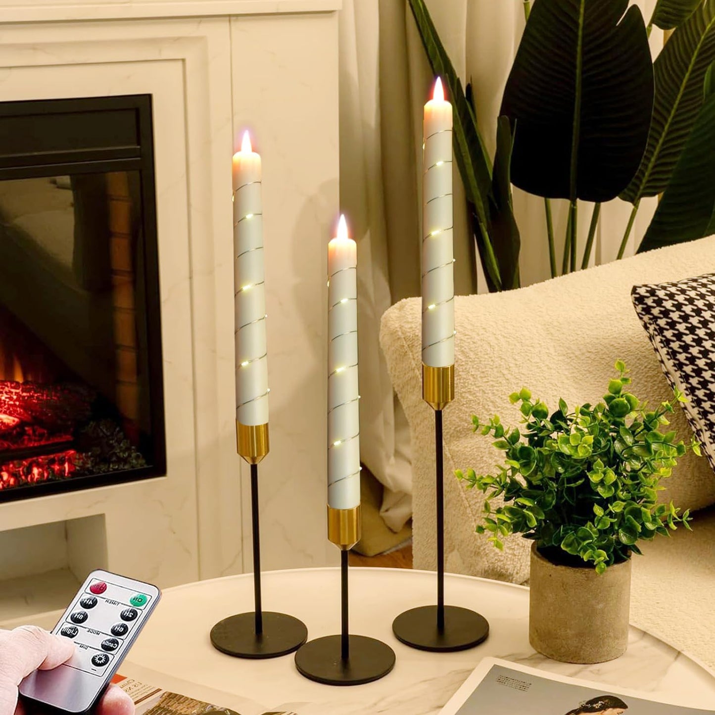 danip flameless Cone Candle, Patented Starlight String, with 11 Timing Key Remote Control, Battery Powered, Patented Simulated Flame, 6 Packs (Ivory