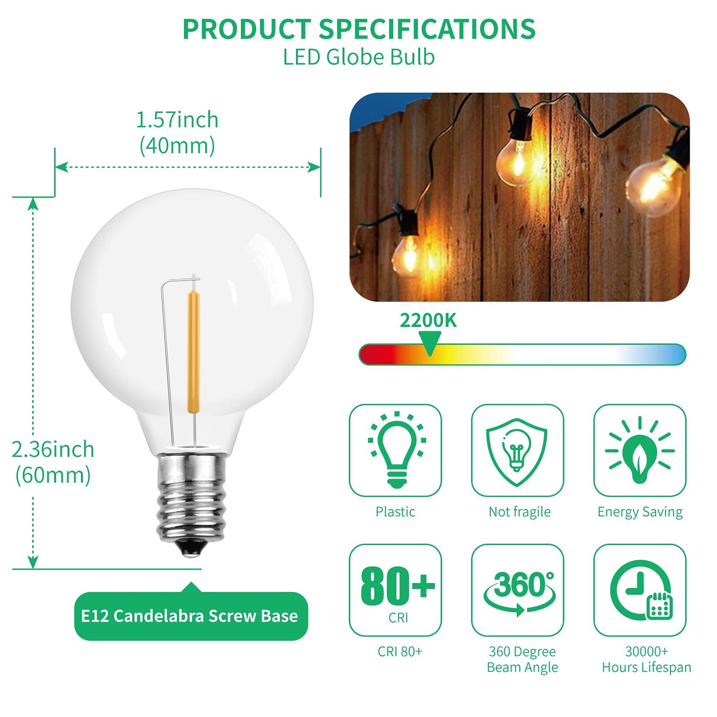 Meconard G40 1.57 Inch Led Replacement Light Bulbs, E12 Screw Base Shatterproof LED Small Globe Light Bulbs for Outdoor String Lights, 1Watt Equvalent