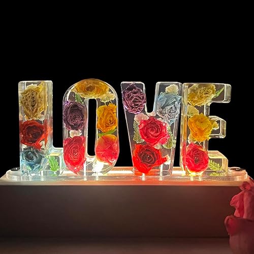 Sleeping Piggy Handmade Floral Resin Dried Roses Night Light Pressed Dry Flower Lights Lamp Gifts for Women Girls Bedroom Decor