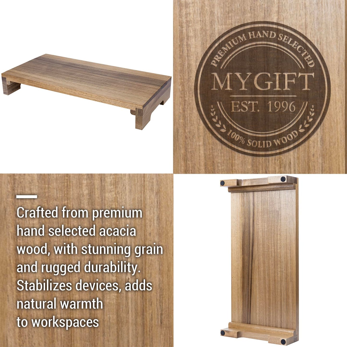 MyGift Premium Acacia Solid Wood Desk Monitor Stand, Laptop Riser & Keyboard Storage - Wooden Desktop Organizer for Screen Display and Workspace
