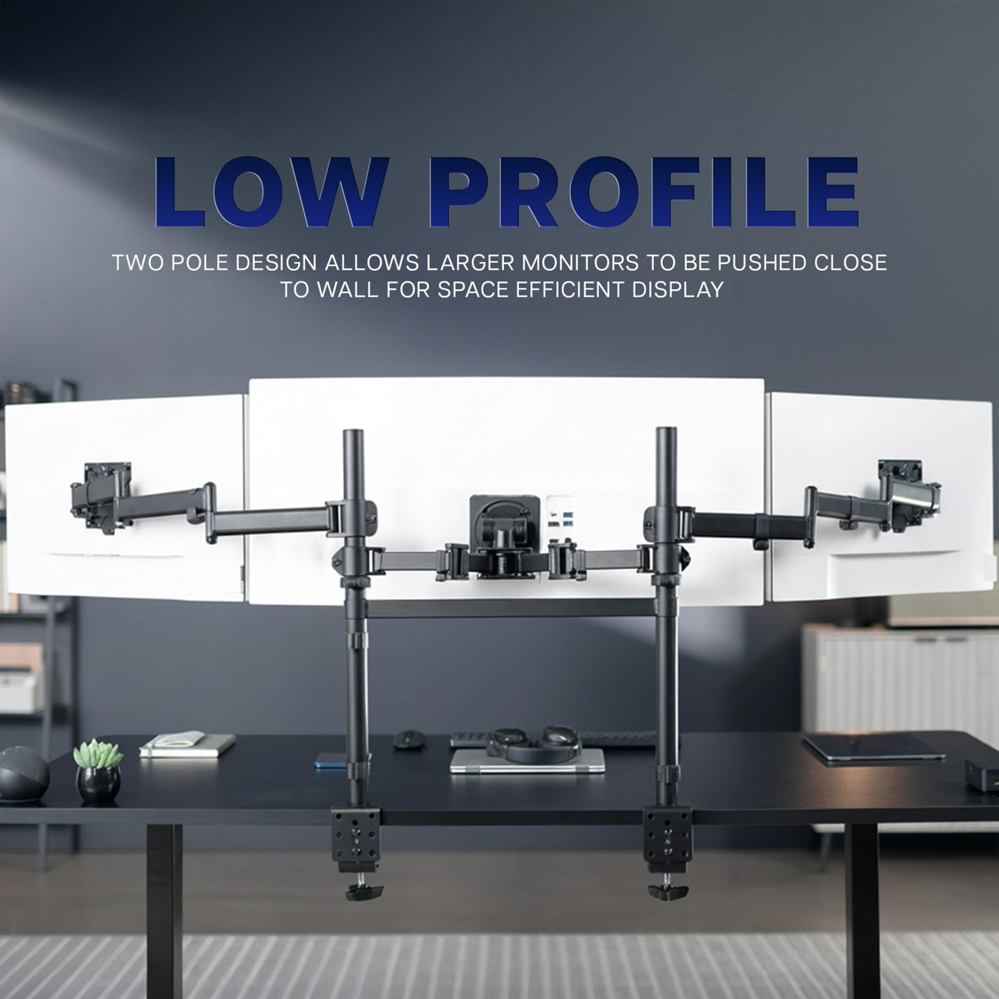 VIVO Clamp-on Dual Pole Triple Monitor Desk Mount for 1 Center Utrawide up to 49 inches and 59.4 lbs, 2 Side Screens up to 38 inches and 17.6 lbs, Low