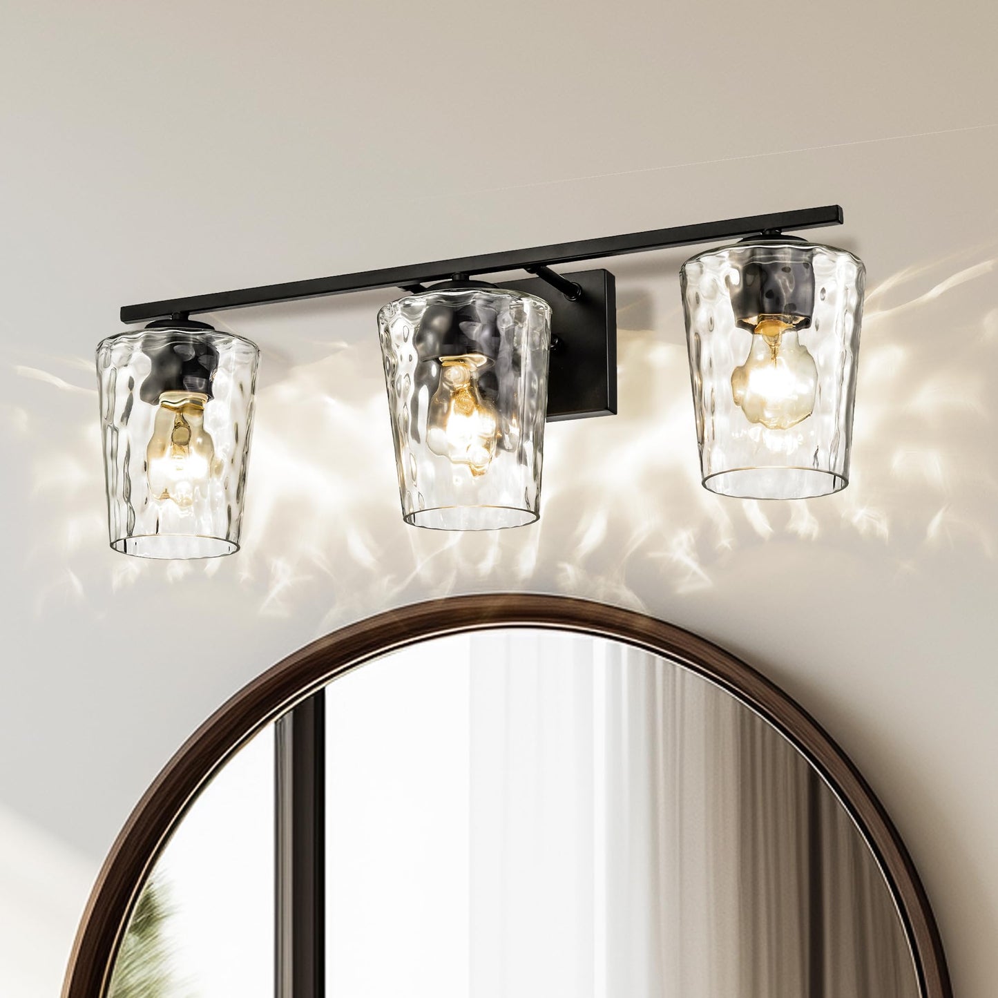 Edvivi Bathroom Light Fixtures, 3-Light Modern Matte Black Vanity Light Over Mirror, Wall Sconces with Hammered Clear Glass Shades for Living Room