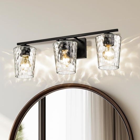 Edvivi Bathroom Light Fixtures, 3-Light Modern Matte Black Vanity Light Over Mirror, Wall Sconces with Hammered Clear Glass Shades for Living Room