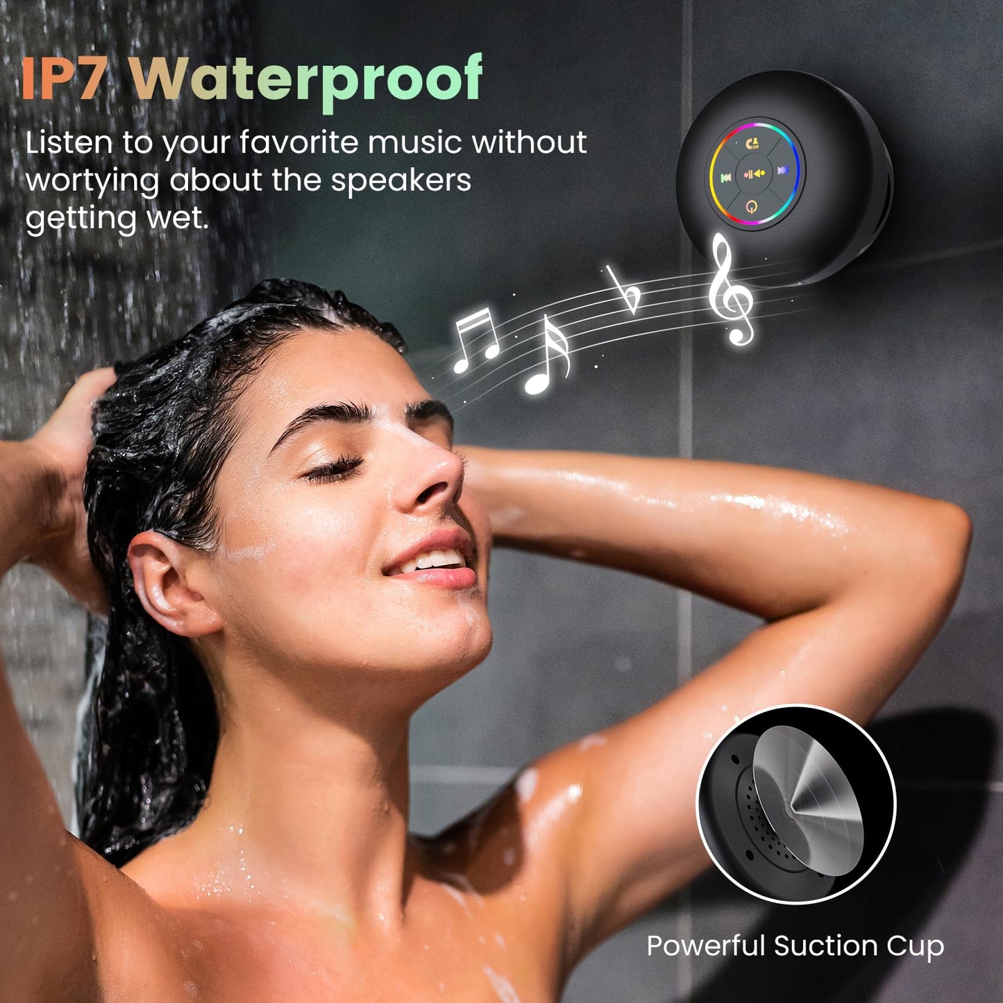 FKLBBLPM Shower & Outdoor Speaker - 10M Bluetooth, Suction Cup Powerhouse IPX7 Waterproof & Dustproof w/RGB Party Lights - Ultimate Bath