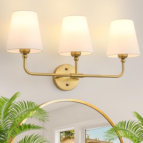 Bathroom Light Fixtures, 3-Light Brushed Gold Vanity Lights, 24.5" Bathroom Lighting Fixtures Over Mirror with White Flared Fabric Shade, Modern Wall