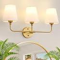 Bathroom Light Fixtures, 3-Light Brushed Gold Vanity Lights, 24.5" Bathroom Lighting Fixtures Over Mirror with White Flared Fabric Shade, Modern Wall