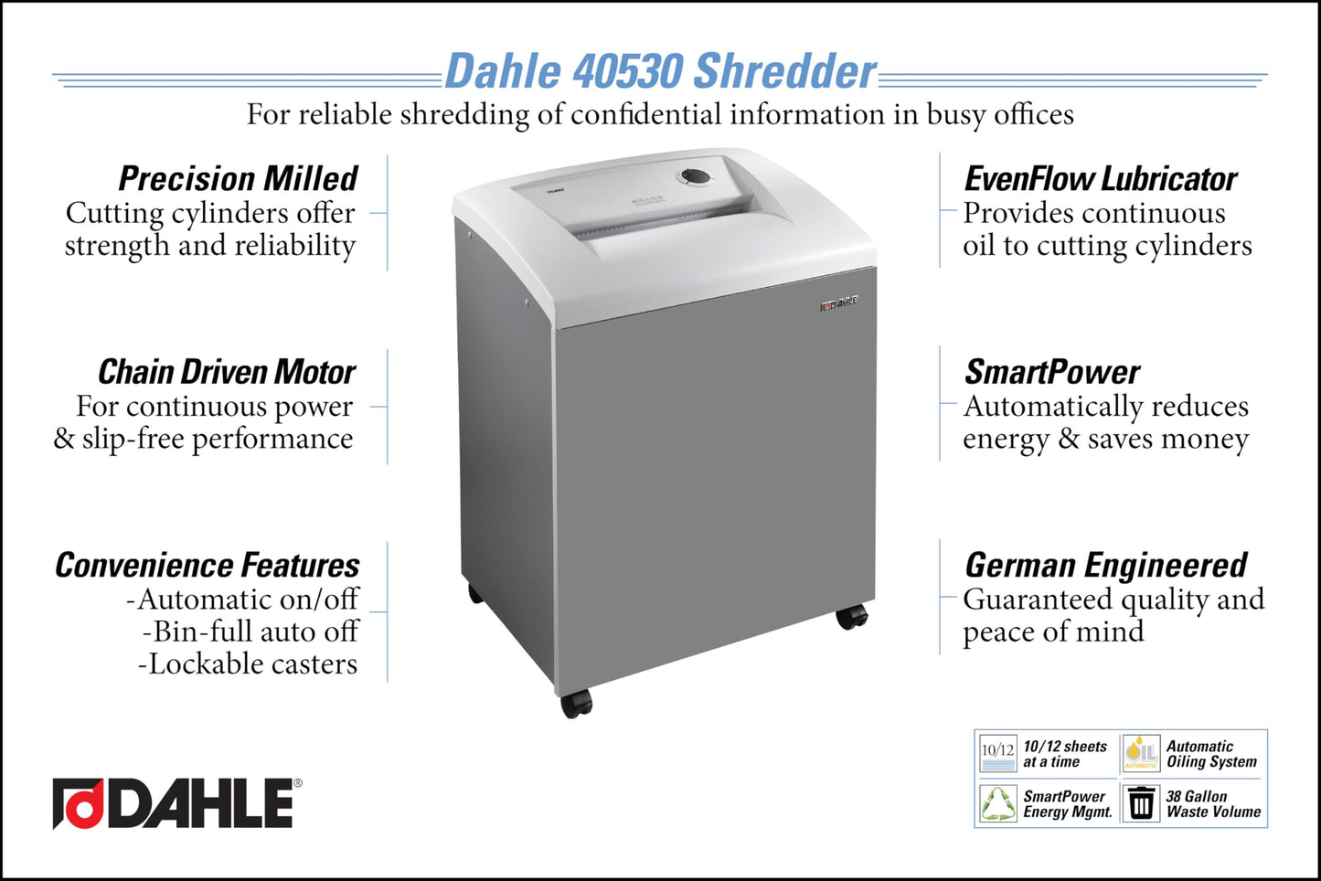 Dahle 40530 Paper Shredder, Micro Cut, P-6 Security, German Engineered, Jam Protection, Automatic Oiler, SmartPower, 10 Sheet Max, 38 Gal Bin